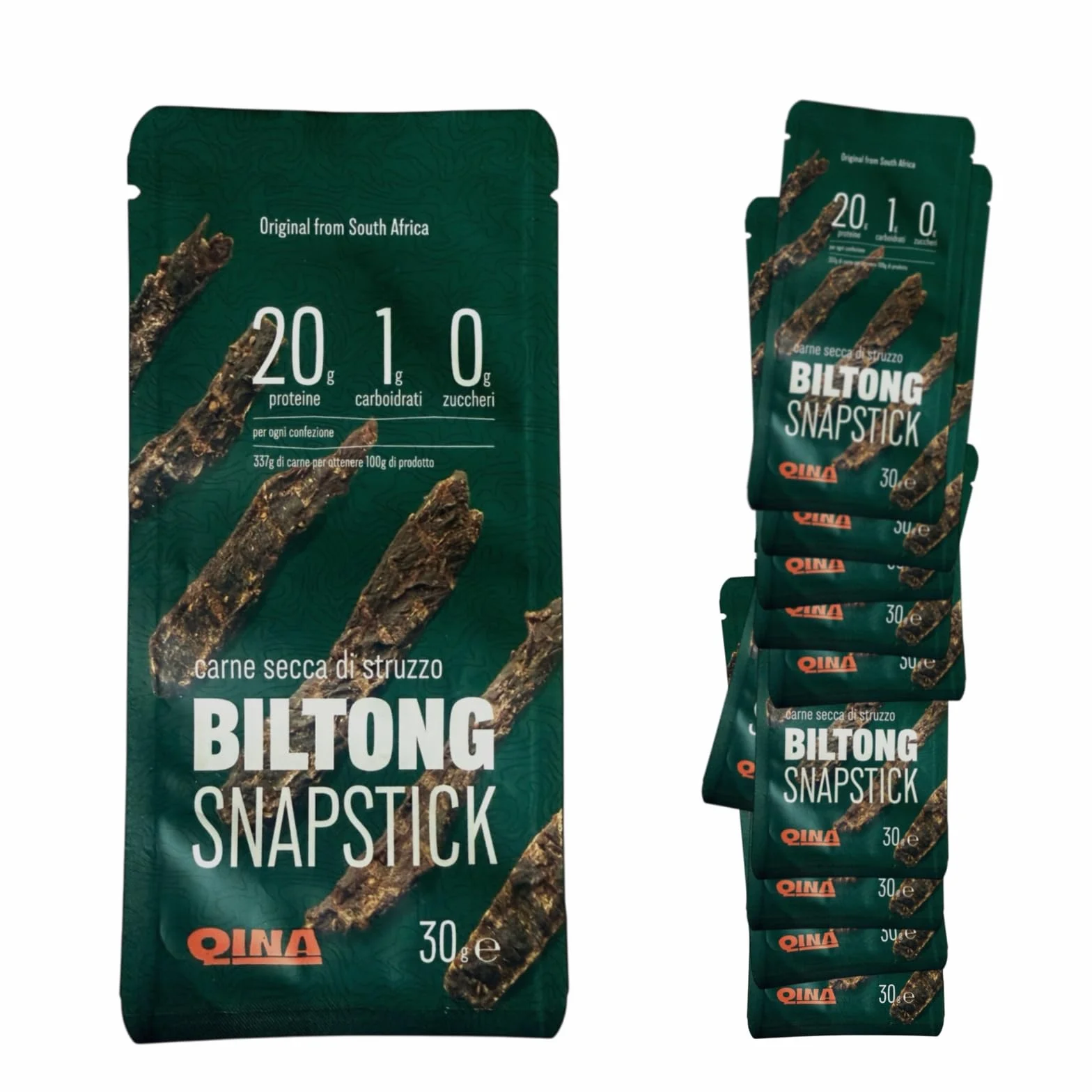 Qina Biltong - Ostrich Snapstick Biltong (30g x 10), carne secca di struzzo a strisce, alto contenuto proteico, basso contenuto di grassi.