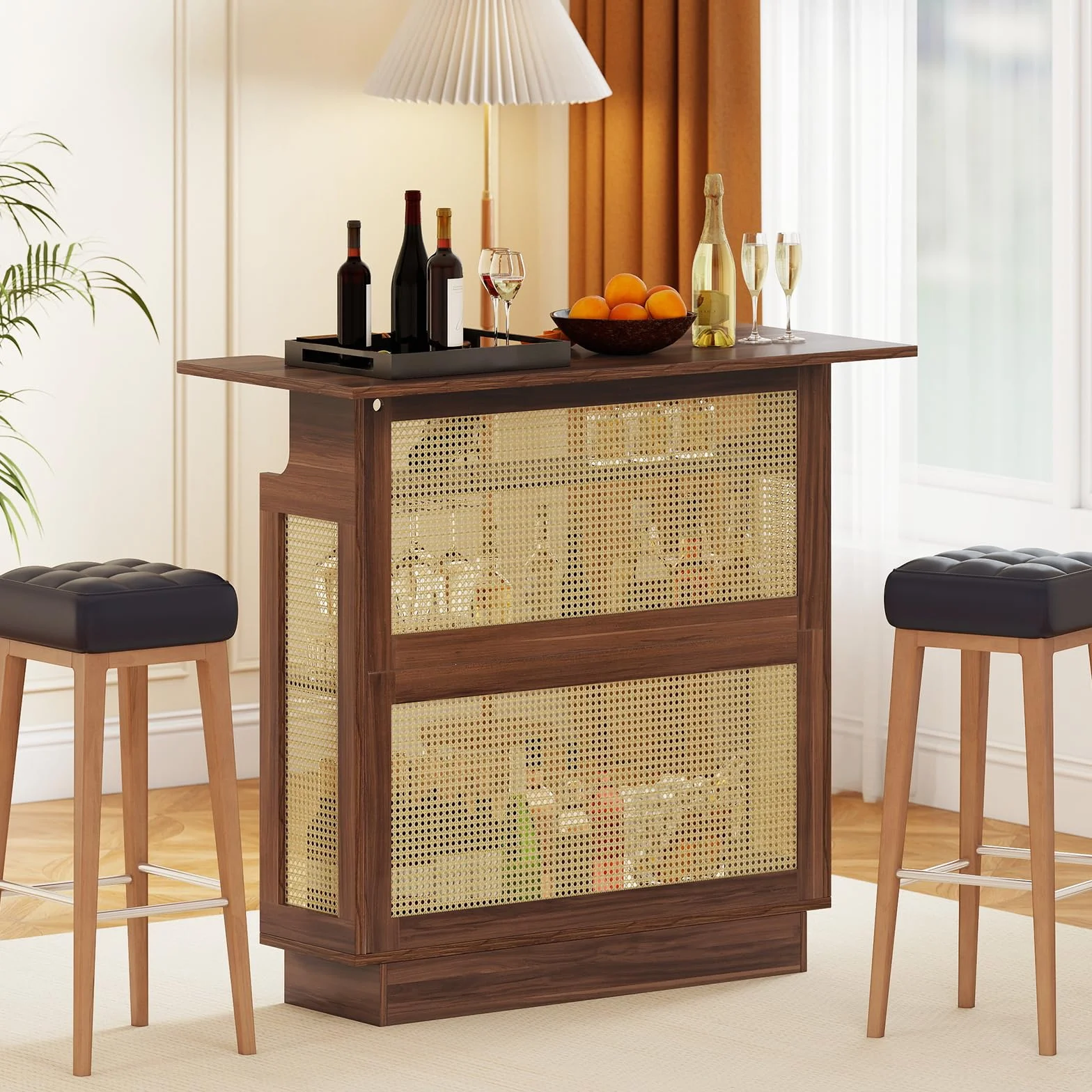 GIANTEX Tavolo da bar con deposito, tavolo alto da cucina con illuminazione a LED e superficie in rattan, bancone da cucina con 3 ripiani e portabicchieri, protezione antiribaltamento, 120x55x110 cm