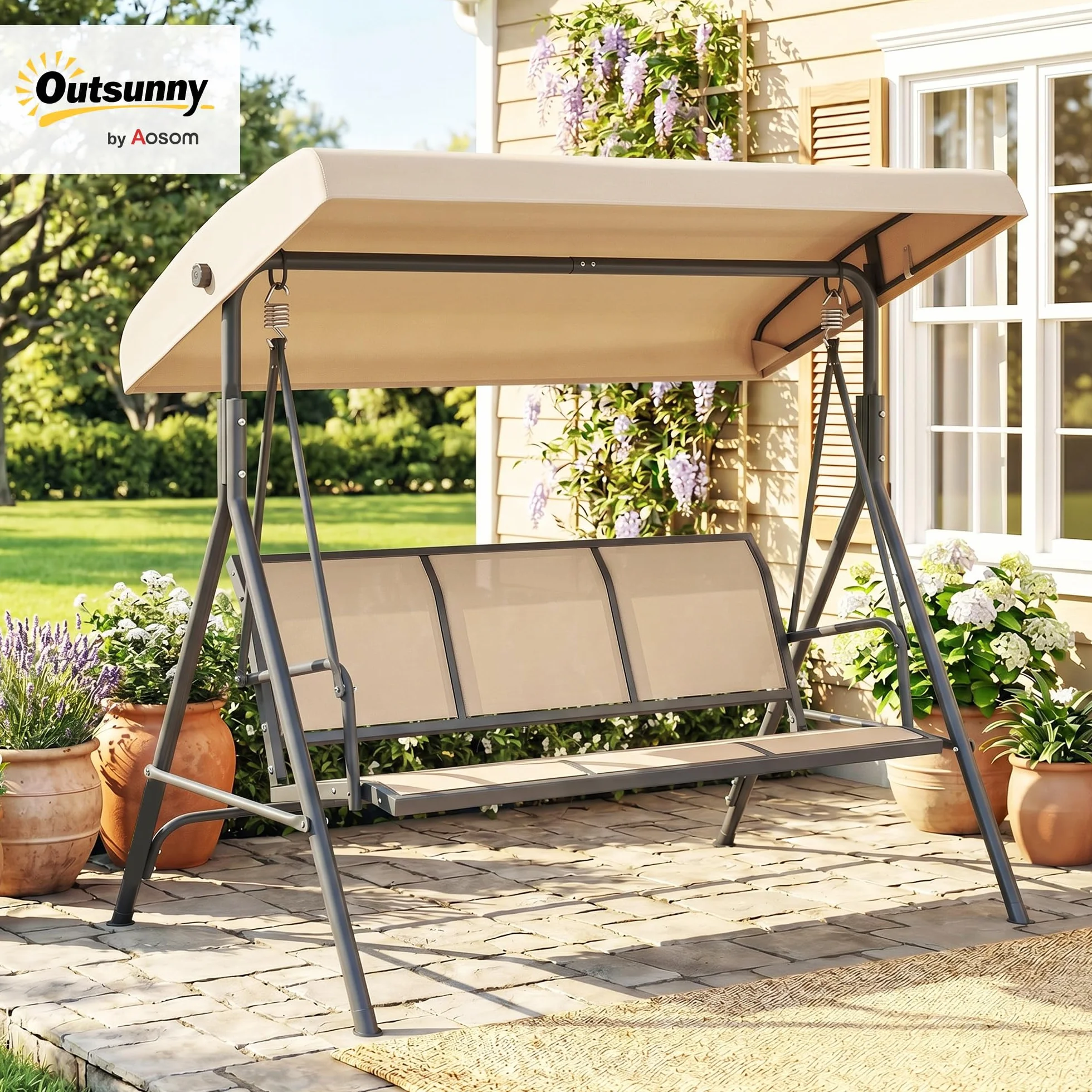Outsunny Dondolo da Giardino 3 Posti con Tettuccio Parasole Regolabile, Dondolo da Esterno con Seduta Traspirante in Poliestere e Telaio in Acciaio, Portata 200 kg, Anti UV, 175x118x159 cm, Beige