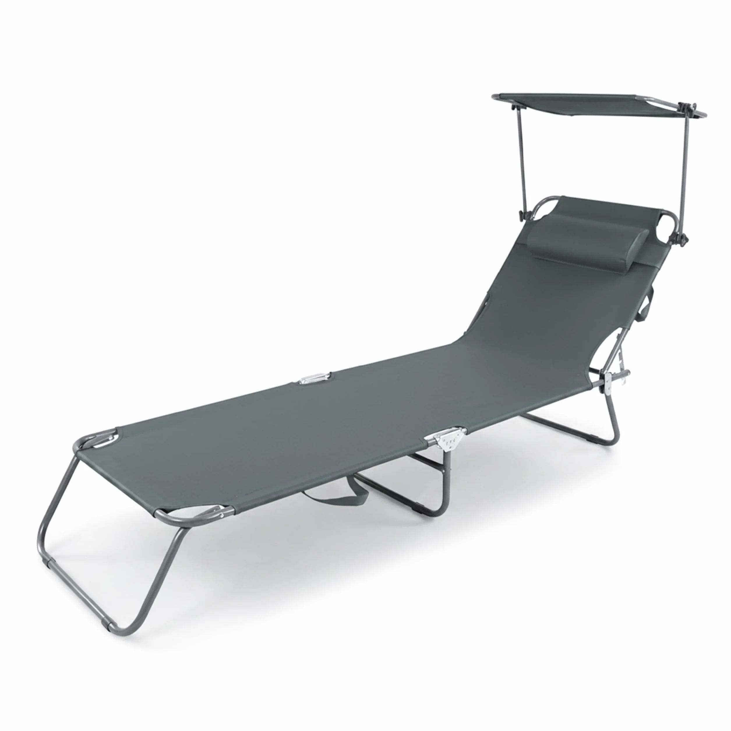 Baroni Home Sedia a Sdraio Pieghevole Reclinabile con Parasole Regolabile 360° e Cuscino Removibile, Lettino Prendisole in Metallo con Tessuto Idrorepellente, Portata 110 Kg, 186x55x24 cm Grigio