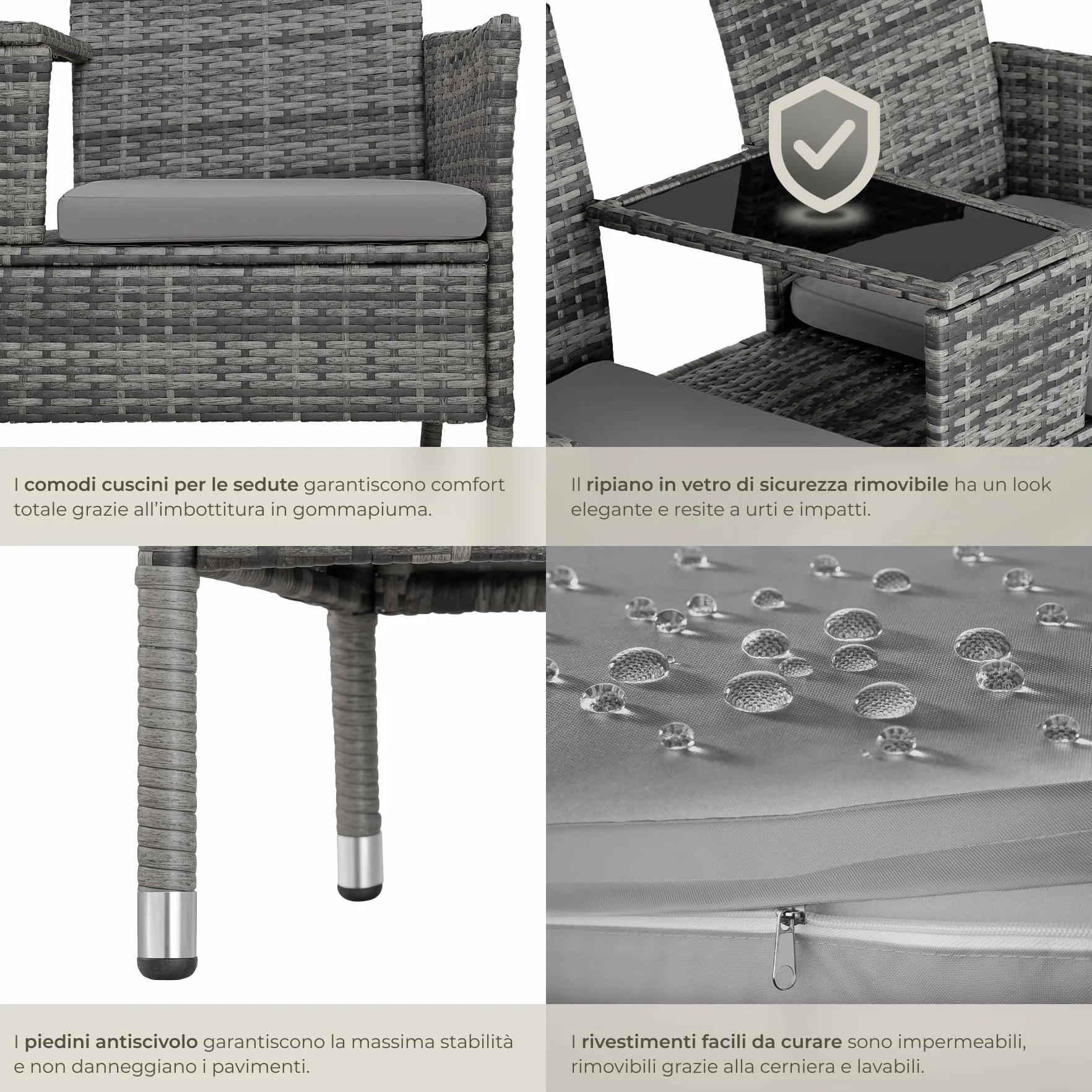 tectake® Panchina da Giardino in Polyrattan con Tavolino Integrato, 133x63x84 cm, Resistente Intemperie, Cuscino Seduta 6 cm, Set Panca da Giardino per 2, per Veranda, Balcone - Grigio/Grigio Chiaro