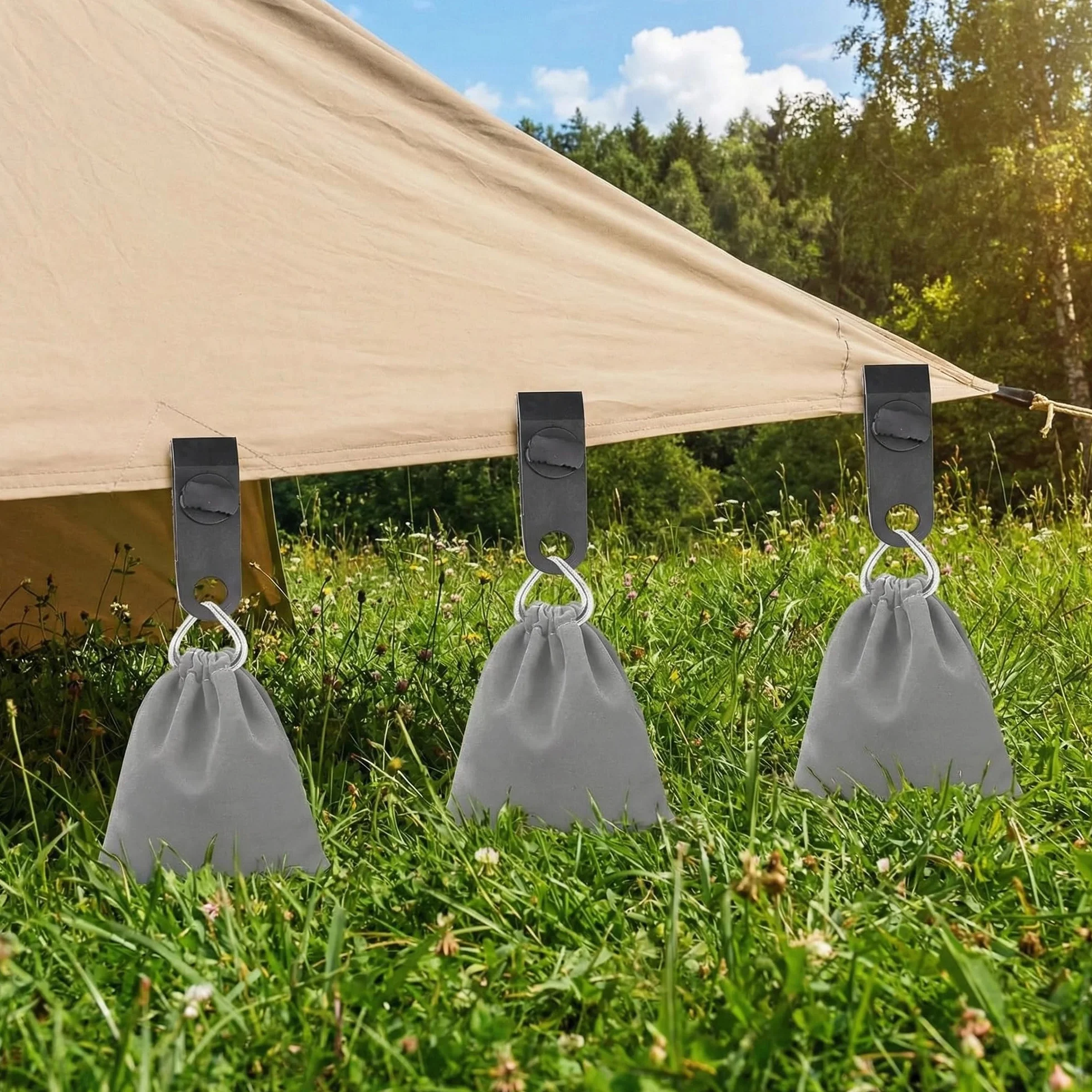 Borsa Zavorra Portatile con 10 Sacchetti Sabbia Riempibili, 10 Moschettoni per Fissaggio Rapido e 10 Clip,Ideale per Stabilizzare Tende,pesi per telo piscina