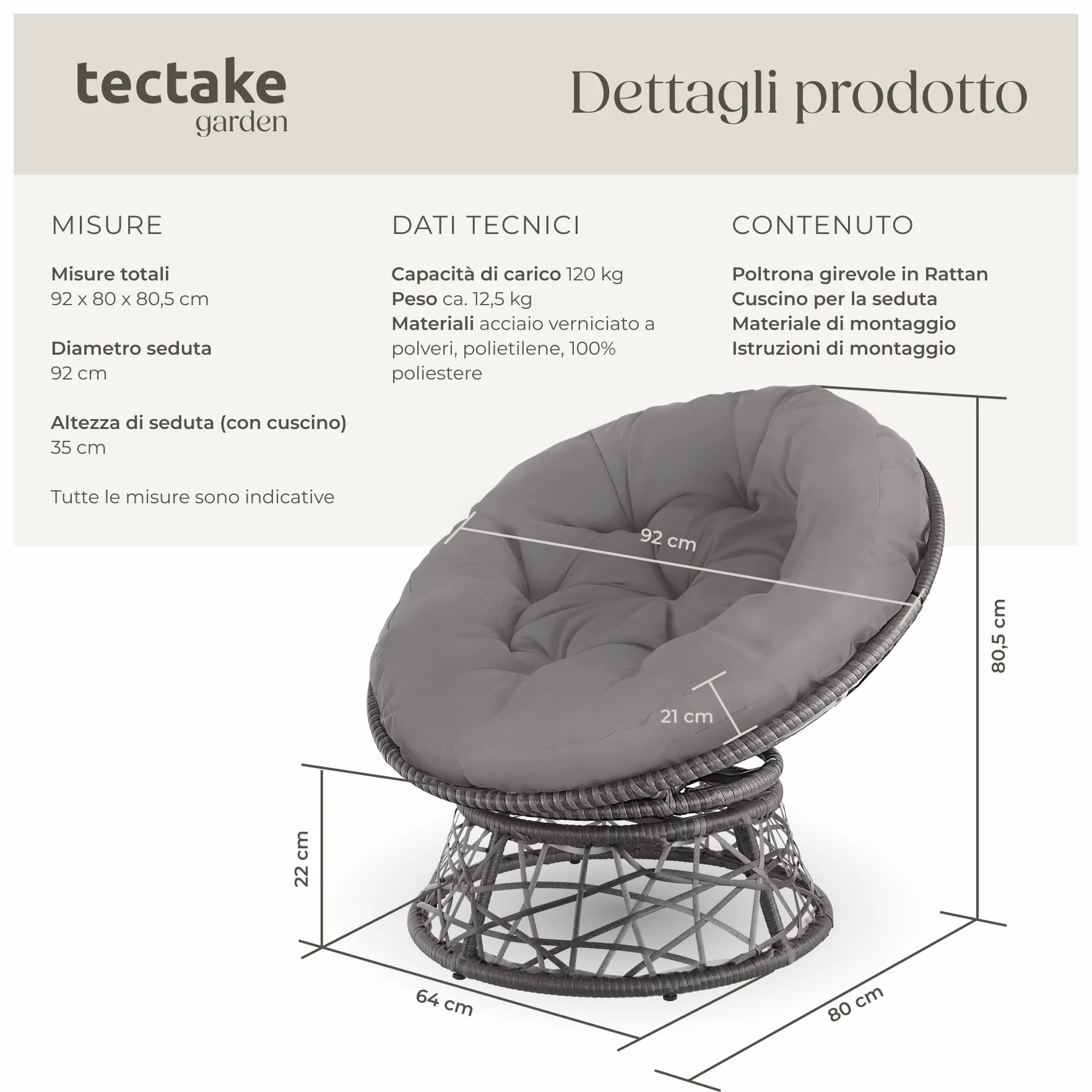 tectake®, Poltrona Rotonda in Rattan Girevole, Cuscino Confortevole, Sedia da Esterno, Giardino, Terrazzo, Stabile e Durevole, Grande Comfort, Adatta per Balcone e Giardino - Grigio