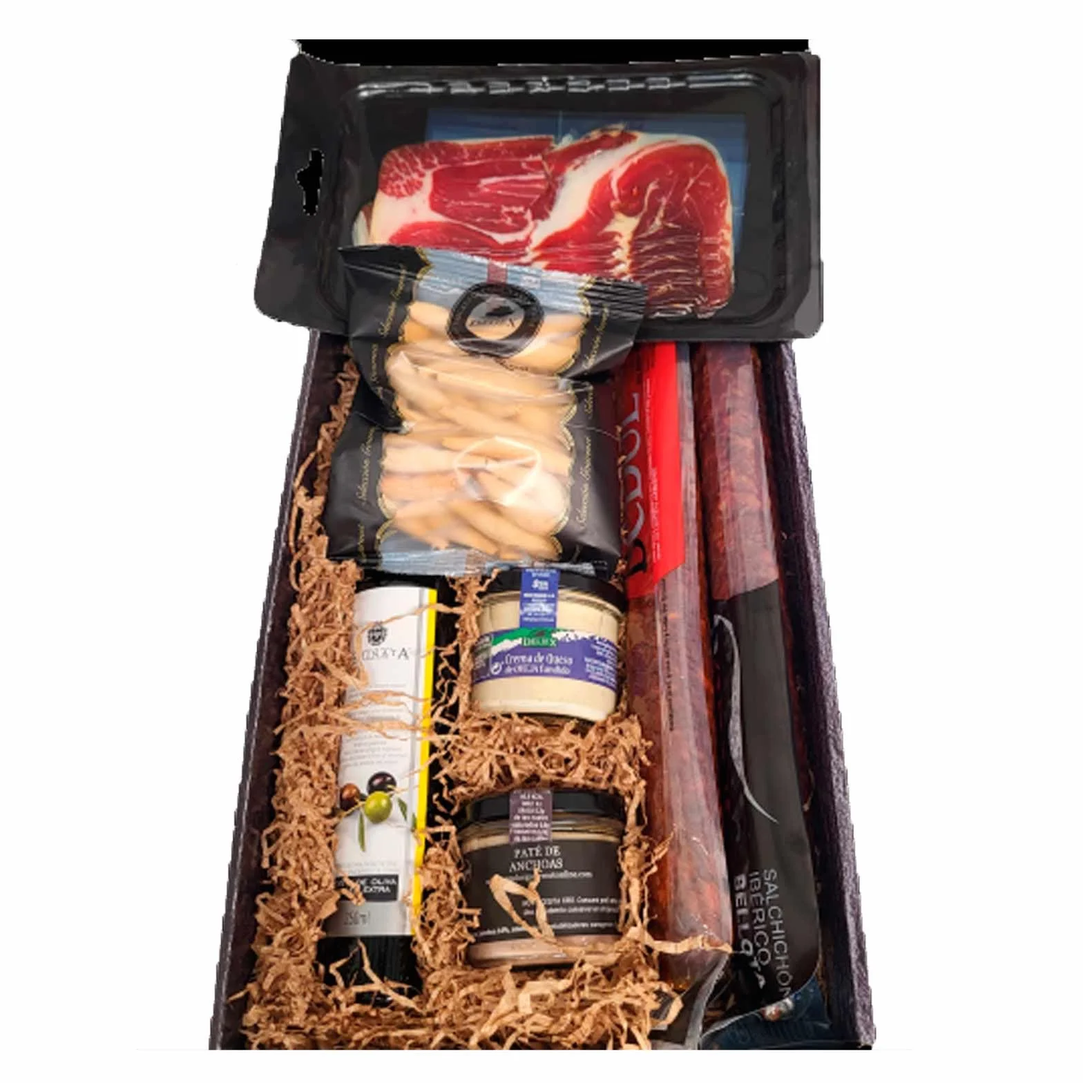 Deliex delicias de Extremadura. Cesto gourmet da regalare con olio La Chinta, prosciutto, iberici e patè. Regali per compleanno o Natale. Set gastronomia.