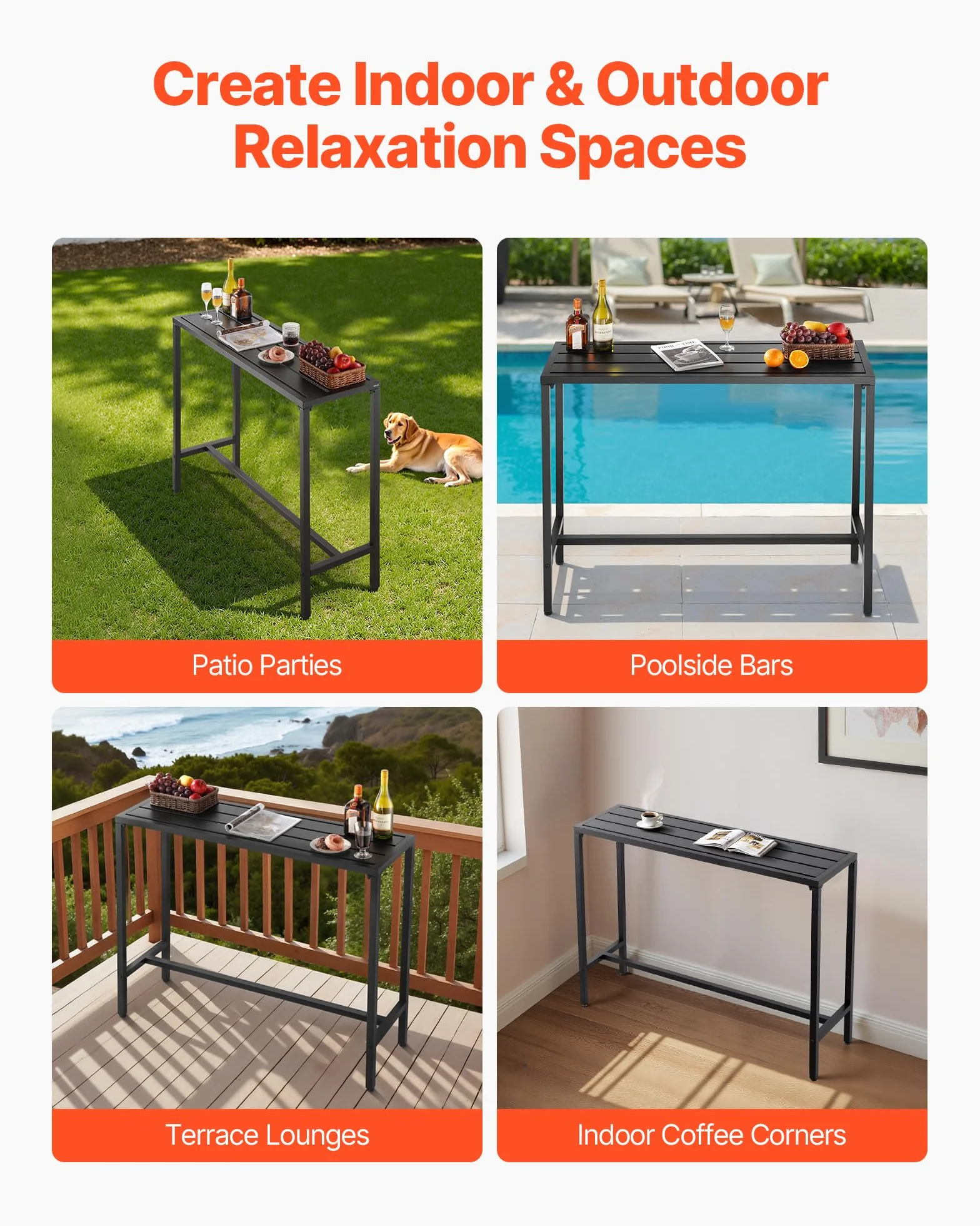 VEVOR Tavolo Alto da Bar per Esterni 120 x 37,5 cm, Tavolino da Pranzo Rettangolare Piano Impermeabile, Struttura in Metallo, Tavolo da Giardino Cortile Terrazza, Bordo Piscina, Soggiorno