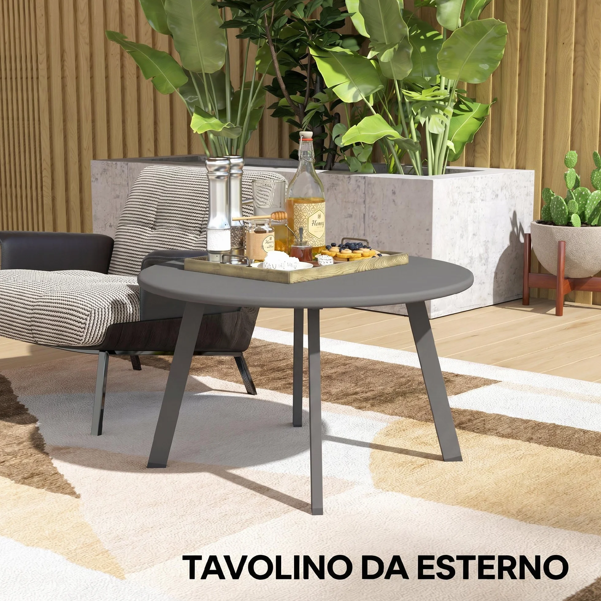 Outsunny Tavolino da Giardino Rotondo stile Industriale con Piedini Antiscivolo, Tavolino da Caffè in Metallo, per Balcone, Giardino, Terrazza, Soggiorno, Ø70x42 cm, Grigio Carbone