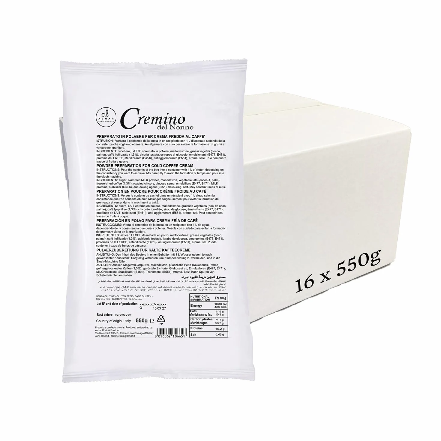ALMAR - Cremino del Nonno, Crema Caffè Fredda Granitore, Preparazione con Acqua, Dessert Estivo Cremoso, Perfetto per Bar e Locali, Senza Glutine, Made in Italy, Offerta Risparmio, 16 Buste da 550g