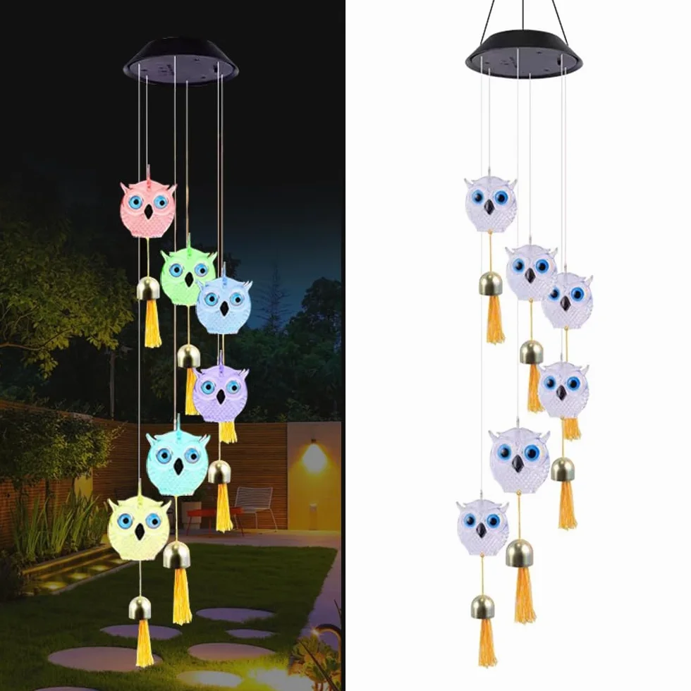 Carino gufo solare vento campana luce decorativa,Animale vento campane con campane, Un regalo per gli amici con luci decorative all'aperto colorate a LED mobili.