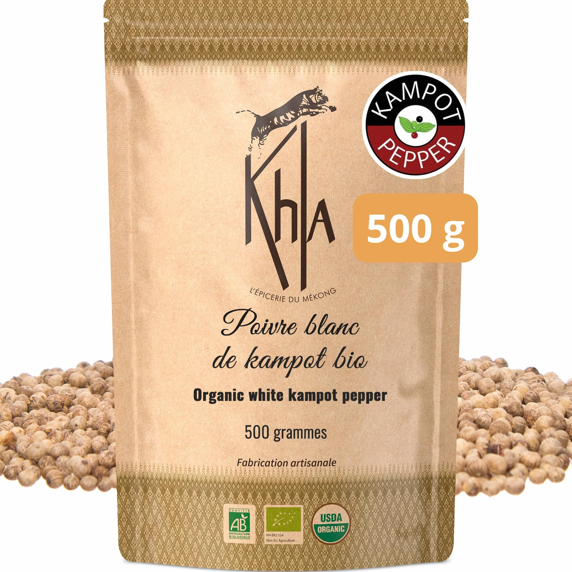 Khla - Pepe bianco Kampot biologico - Bustina di pepe Vrac in grani 500g - Ricarica per macinino - Ingrediente da cucina - Direttamente dal produttore - Spezia asiatica - Origine Cambogia
