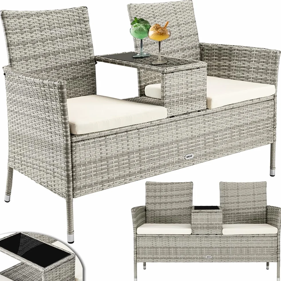 BAKAJI Panchina da Giardino in Polyrattan con Tavolo Integrato e Cuscini, Panchina 2 Posti da Esterno Resistente Ai Raggi UV e alle Intemperie, Panca Divano Ripiano Vetro 123 x 54 x 82.5 cm (Grigio)