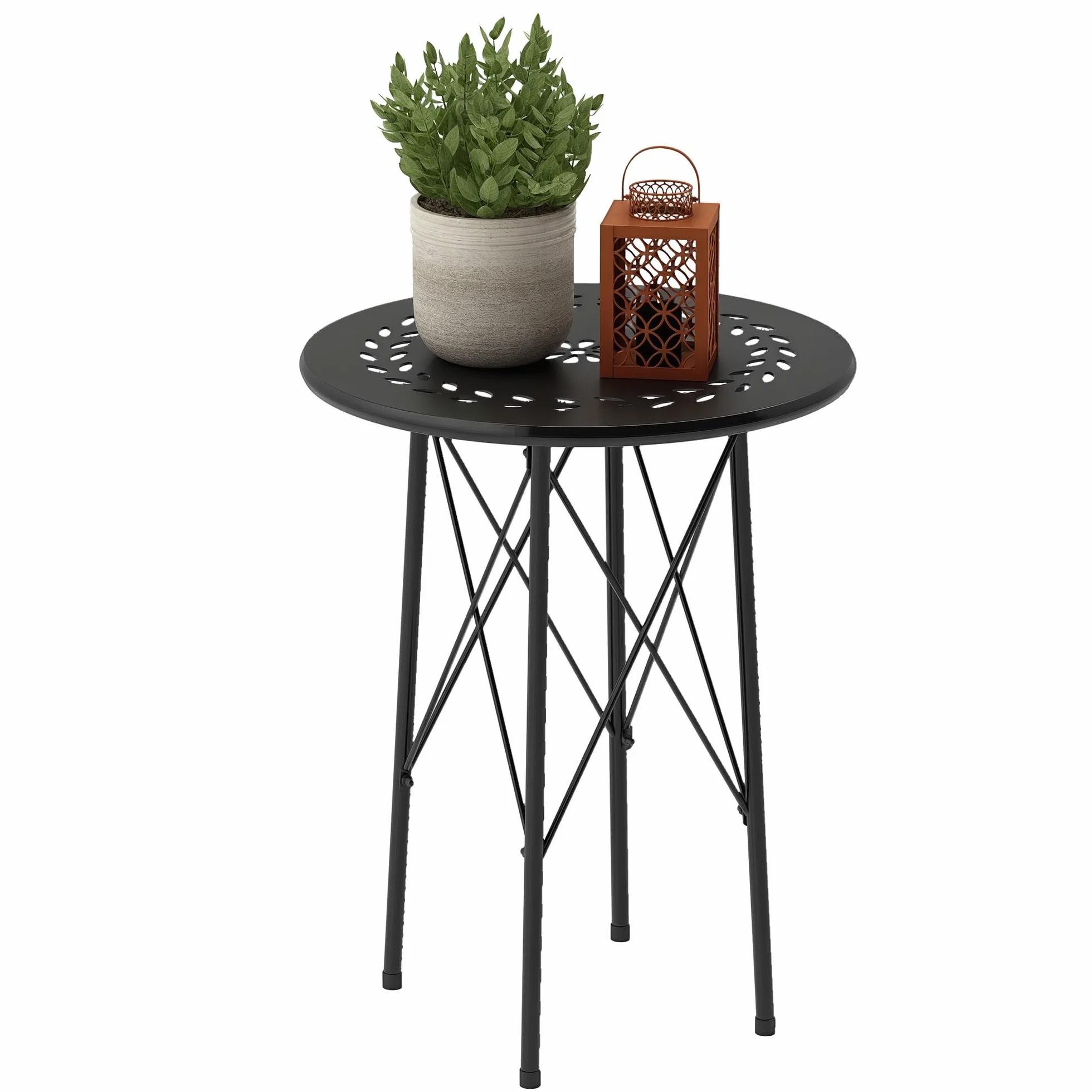 Outsunny Tavolino da Giardino Ø40 cm con Intagli a Fiori e Foglie, Tavolo Rotondo da Esterno e Interno con Piedini Regolabili, Tavolino da Caffè e Portapiante, in Acciaio, Nero