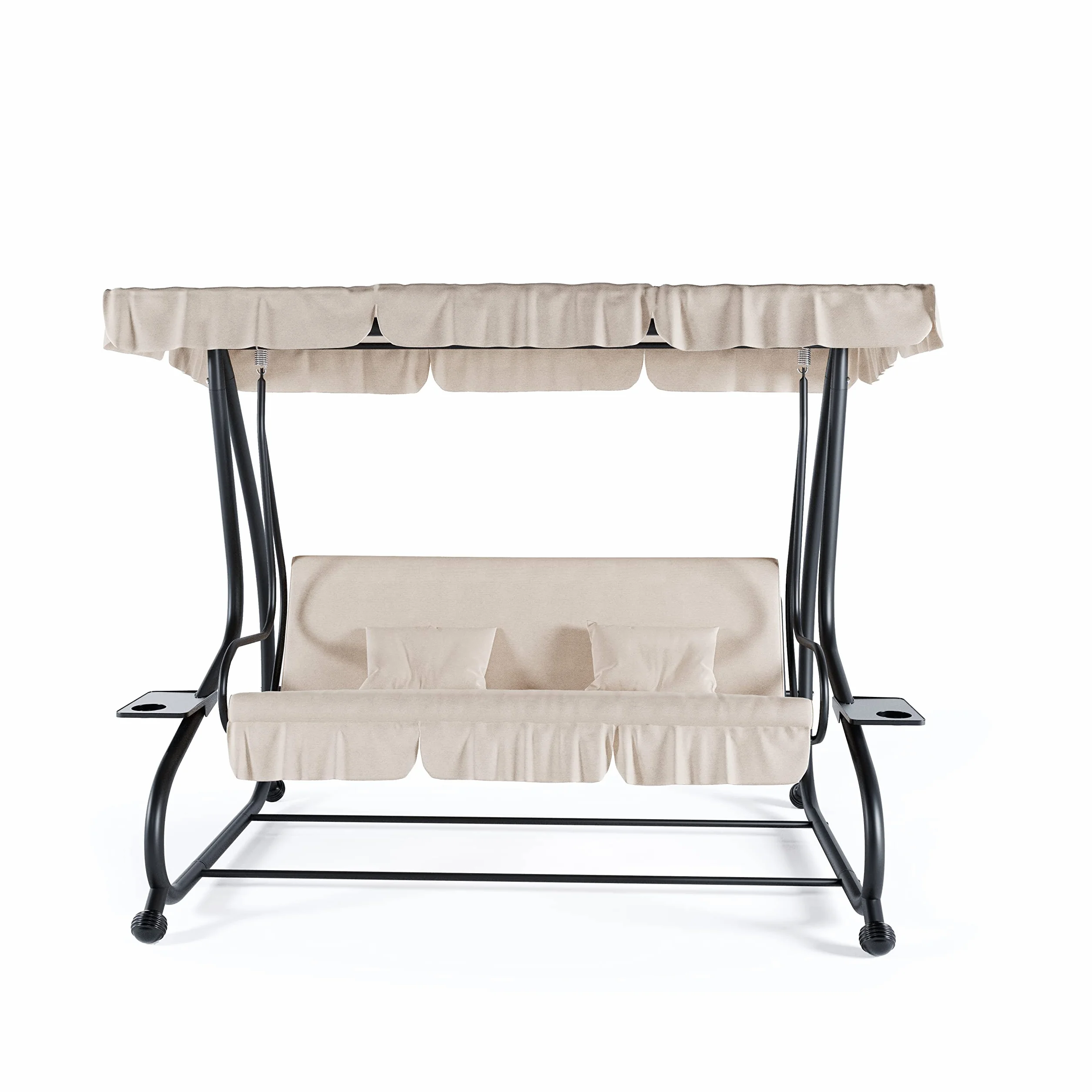 Dondolo 3 Posti Reclinabile Con Parasole Tettuccio Regolabile Cuscini Imbottiti Diventa Letto Struttura Robusta In Acciaio Verniciato Giardino Esterno Balcone Terrazzo 200 x 120 x 160 cm (Beige)