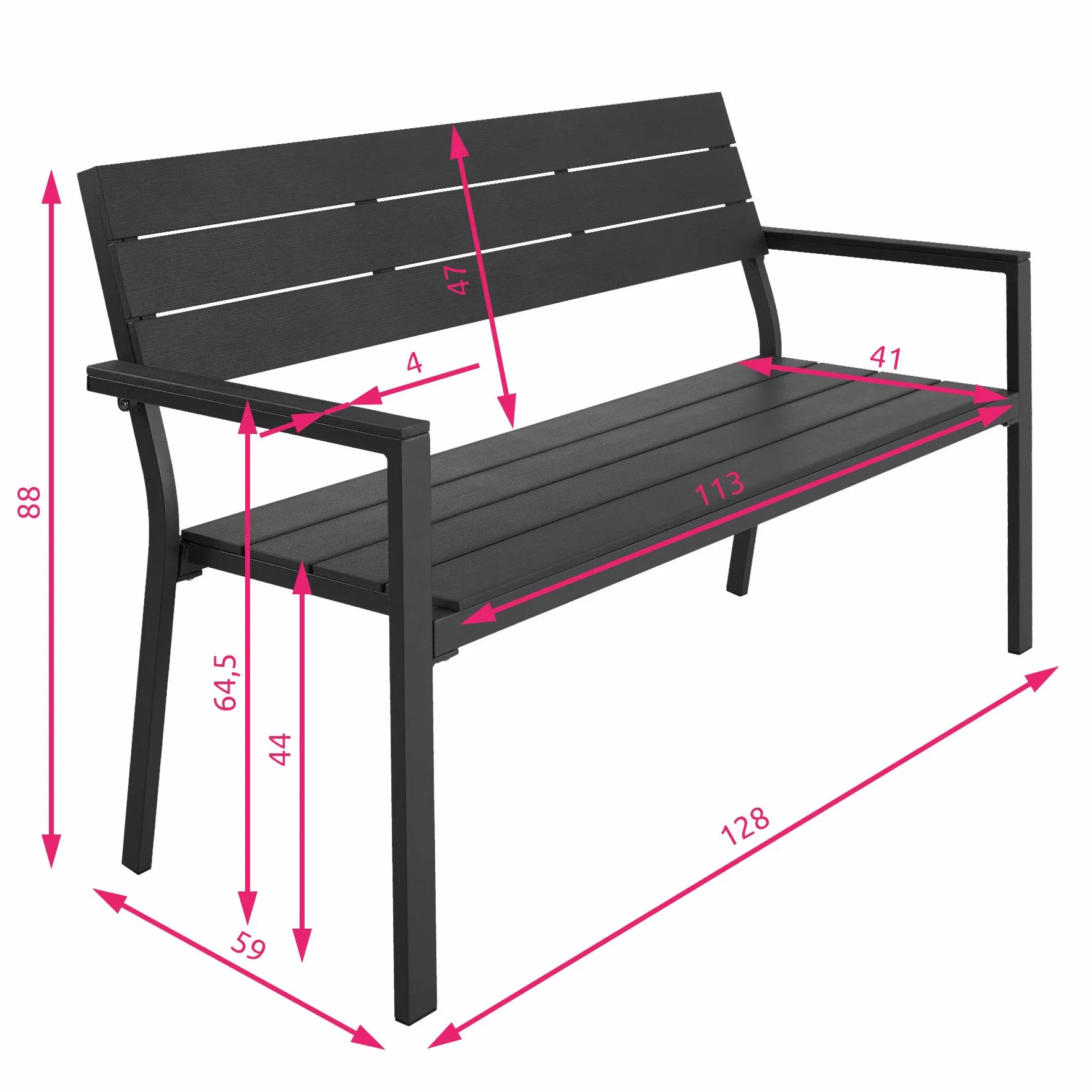 tectake® Panca da Giardino con Telaio in Alluminio, Comoda Panchina da Esterno 2 Posti, Panca con Schienale, Resistente agli Agenti Atmosferici, 128 x 59 x 88 cm - Grigio Scuro