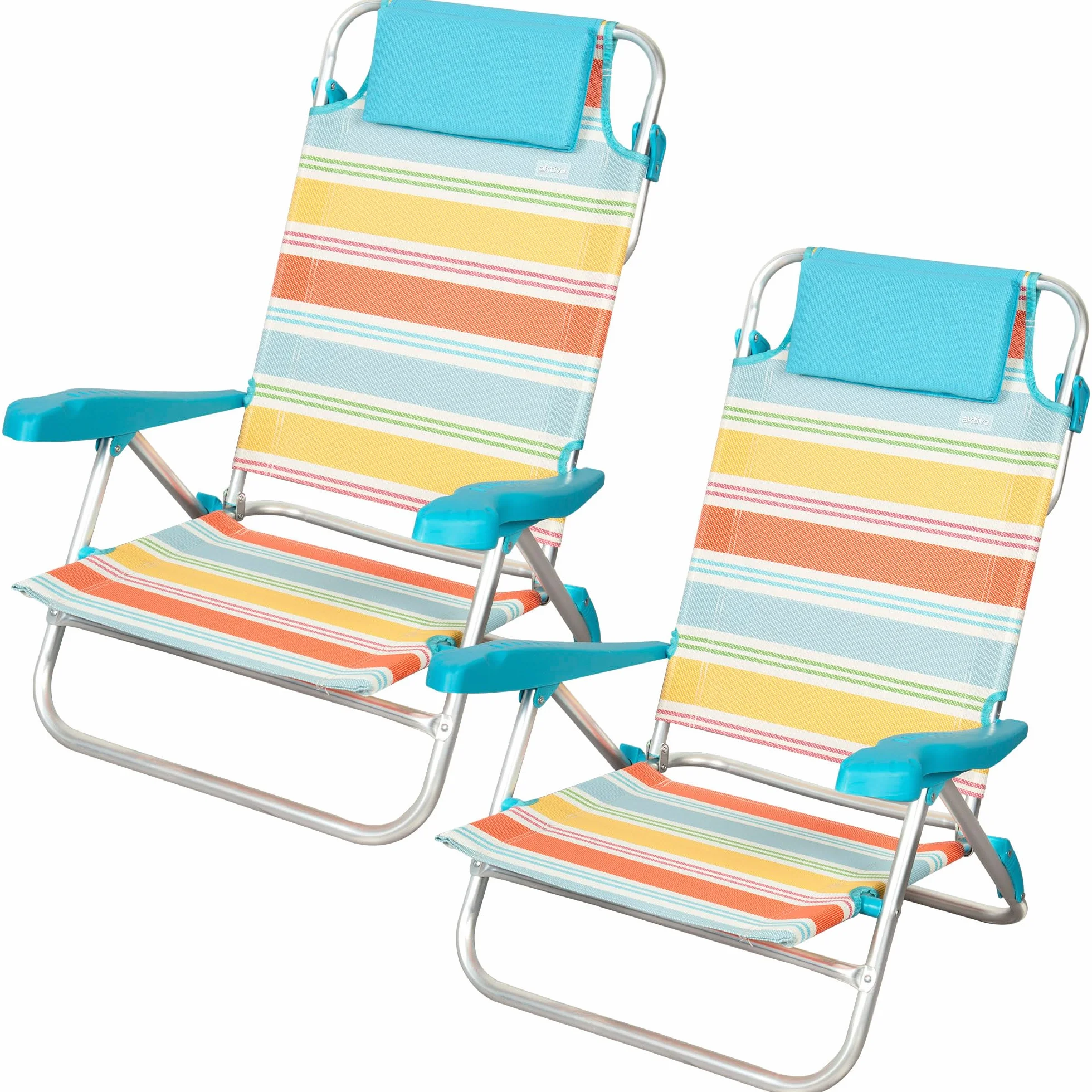 AKTIVE Set di 2 sedie da spiaggia pieghevoli, 50x48x80 cm, reclinabili in 7 posizioni, in alluminio e textilene a righe multicolor, con cuscino e maniglie, modello Santorini (62419)
