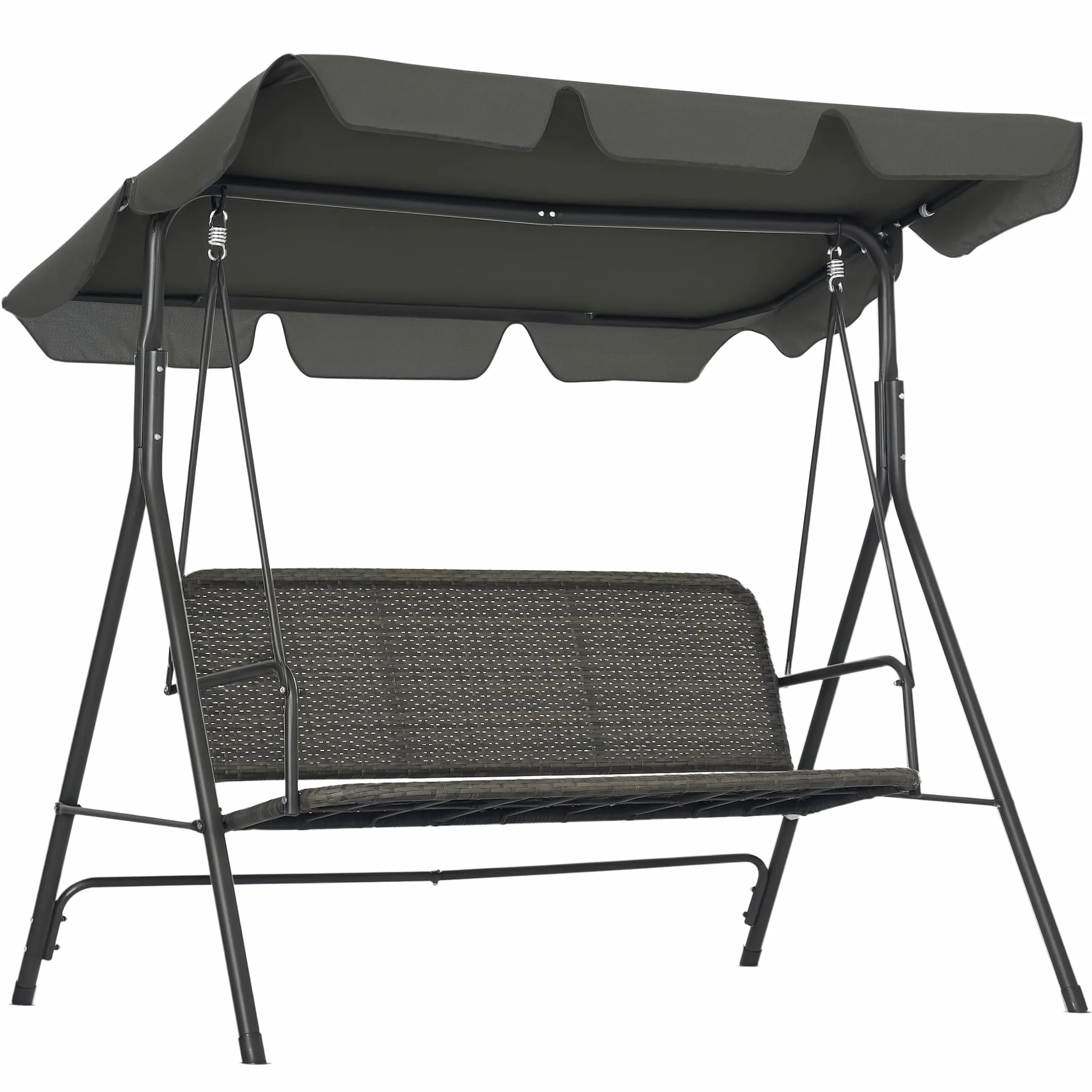 Outsunny Dondolo da Giardino 3 Posti con Tettuccio Parasole Regolabile, Dondolo da Esterno con Seduta Traspirante in Rattan PE e Acciaio, Portata fino a 240 kg, 167x112x153 cm, Grigio Scuro