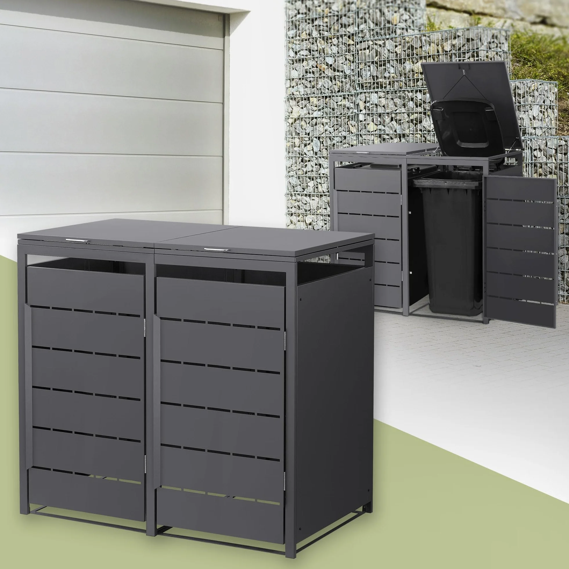 ML-Design Copribidone da Spazzatura per 2 Bidoni 240L, 132x80x120 cm, Antracite, in Acciaio, Resistente alle Intemperie, Cassonetto per Rifiuti con Coperchio e Porta, Deposito per Bidoni da Esterno