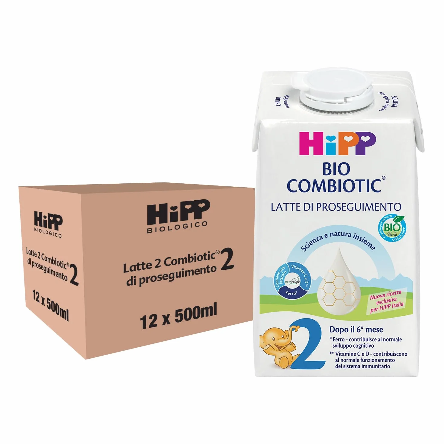 HiPP Latte Liquido 2 Confezione in Cartone, di Proseguimento, Latte per Neonati Liquido, dal 6° Mese Compiuto, 12 Confezioni da 500 ml, Hipp 2 Combiotic