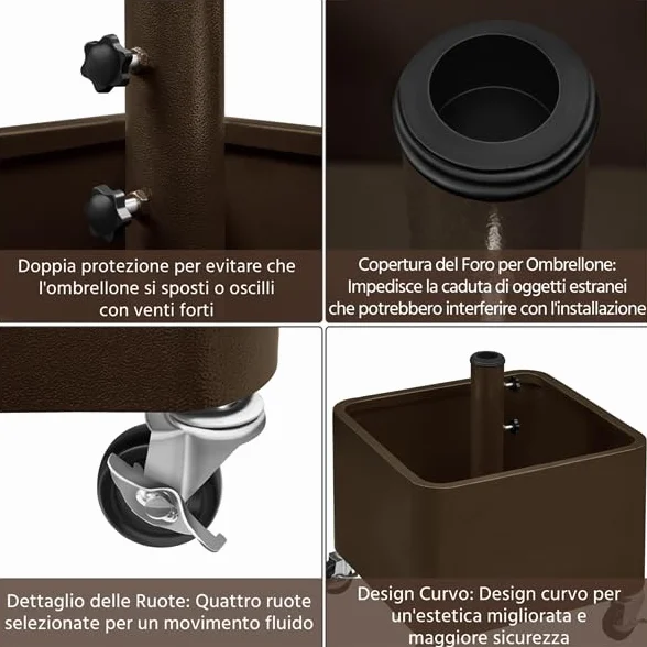 Yaheetech Base per Ombrellone con Ruote 2 Freni Riempibile e Piantabile con Sabbia o Pietre 150 kg per Pali da Ø38mm e Ø48mm con 13 Fori di Scarico Cortile Terrazza Giardino Esterno Marrone