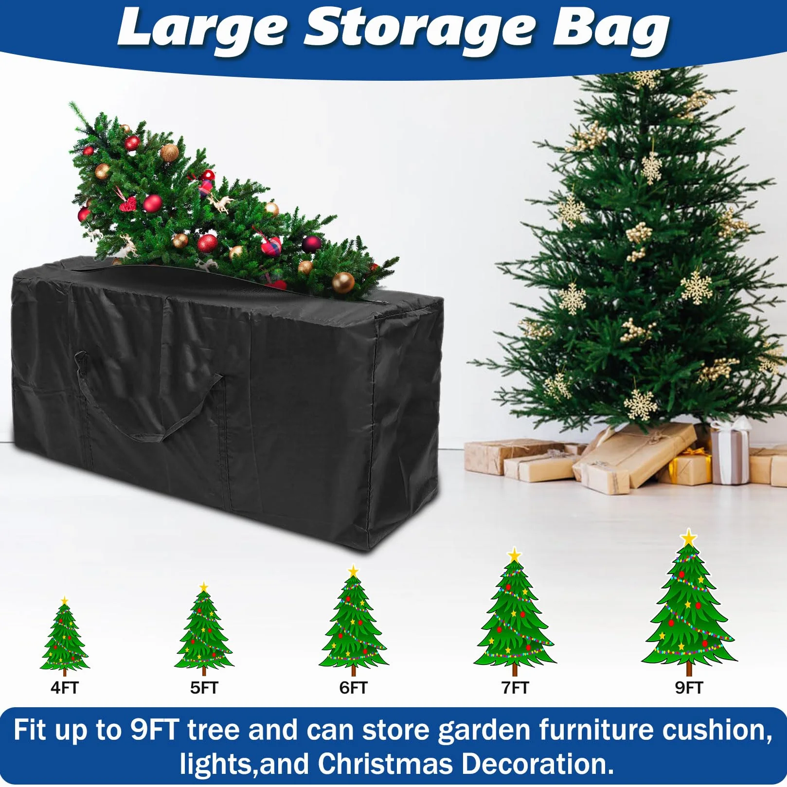Borsa per cuscini da giardino, 173 x 76 x 51 cm, 210D, impermeabile, con maniglia per albero di Natale