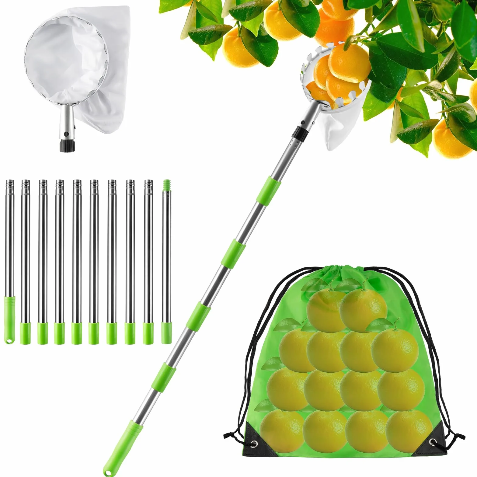 KOMABLEN 4M Raccogli Frutta Telescopico, Raccogli Cachi in Acciaio Inox e Borsa in Cotone, Raccoglifrutta Regolabile, Raccogli Frutta da Albero per Limoni Mele Pere Arance