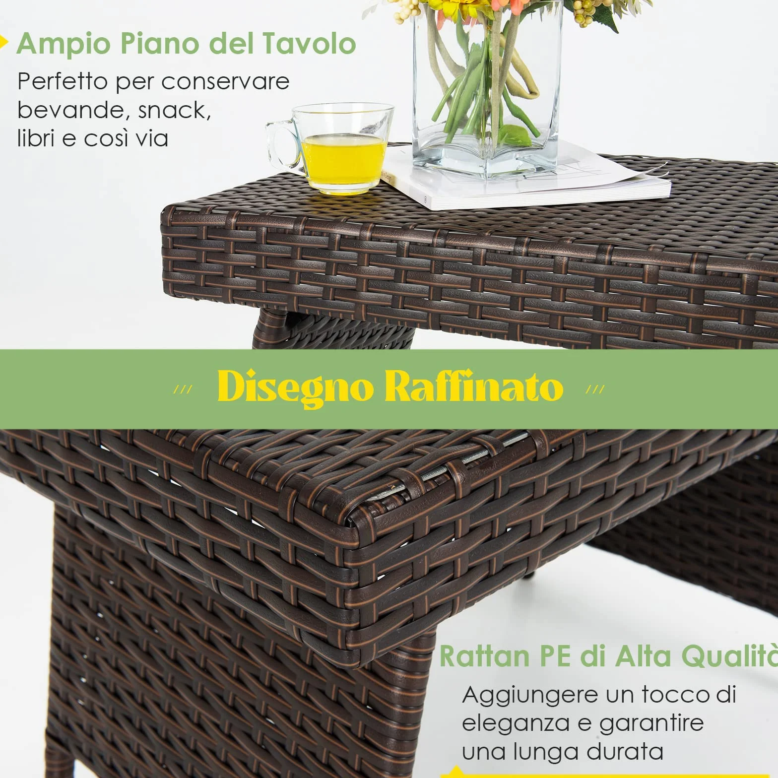 COSTWAY Tavolino da Caffè Rettangolare in Vimini Pieghevole, con Struttura in Acciaio Resistente e Cuscinetti Antiscivolo, Utilizzabile da Interno e Esterno (Marrone)