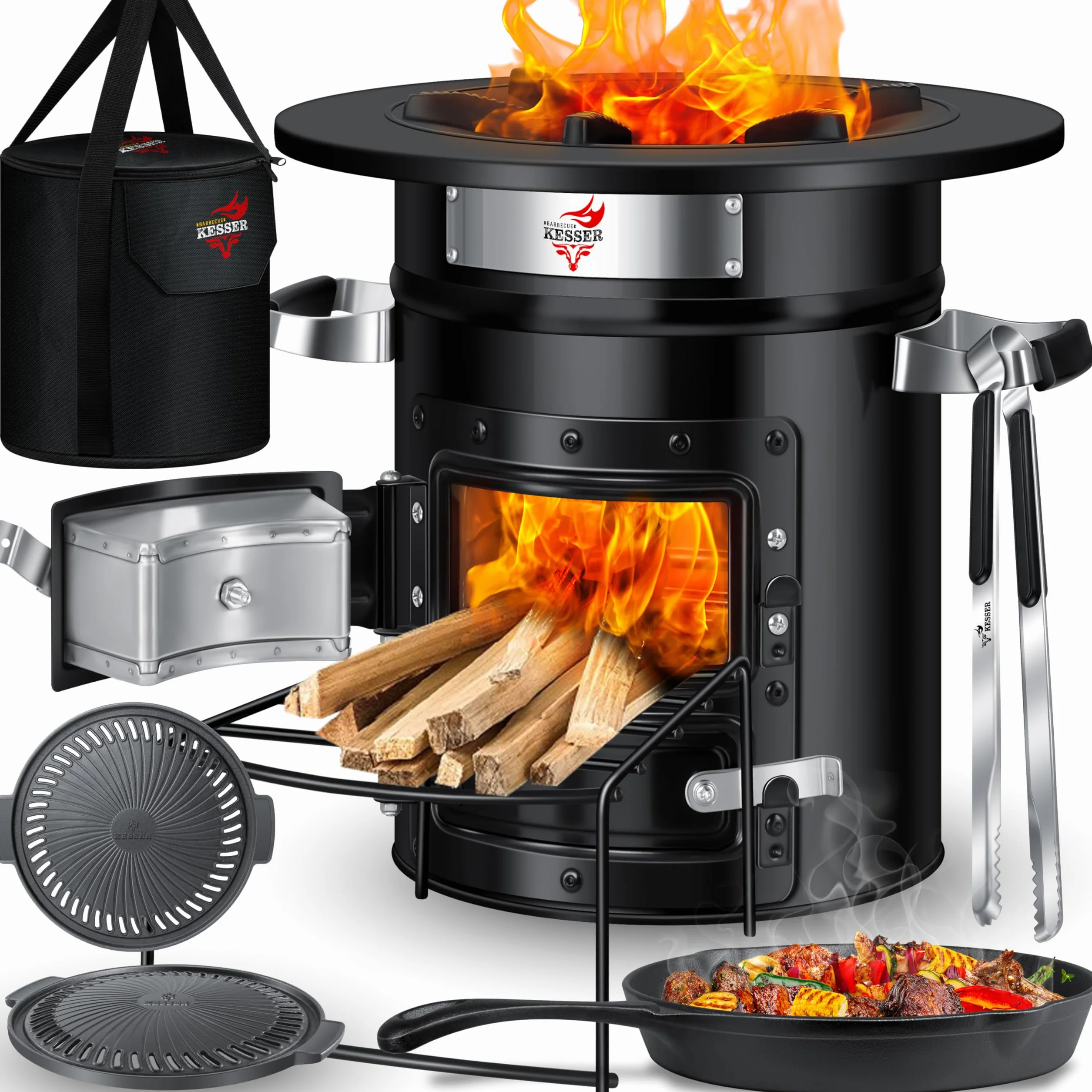 KESSER® Forno a razzo con padella in ghisa, piastra per barbecue, pinza per barbecue e borsa per il trasporto | Dutch Oven BBQ Razzo, forno a legna da campeggio, per esterni, in acciaio inox, nero