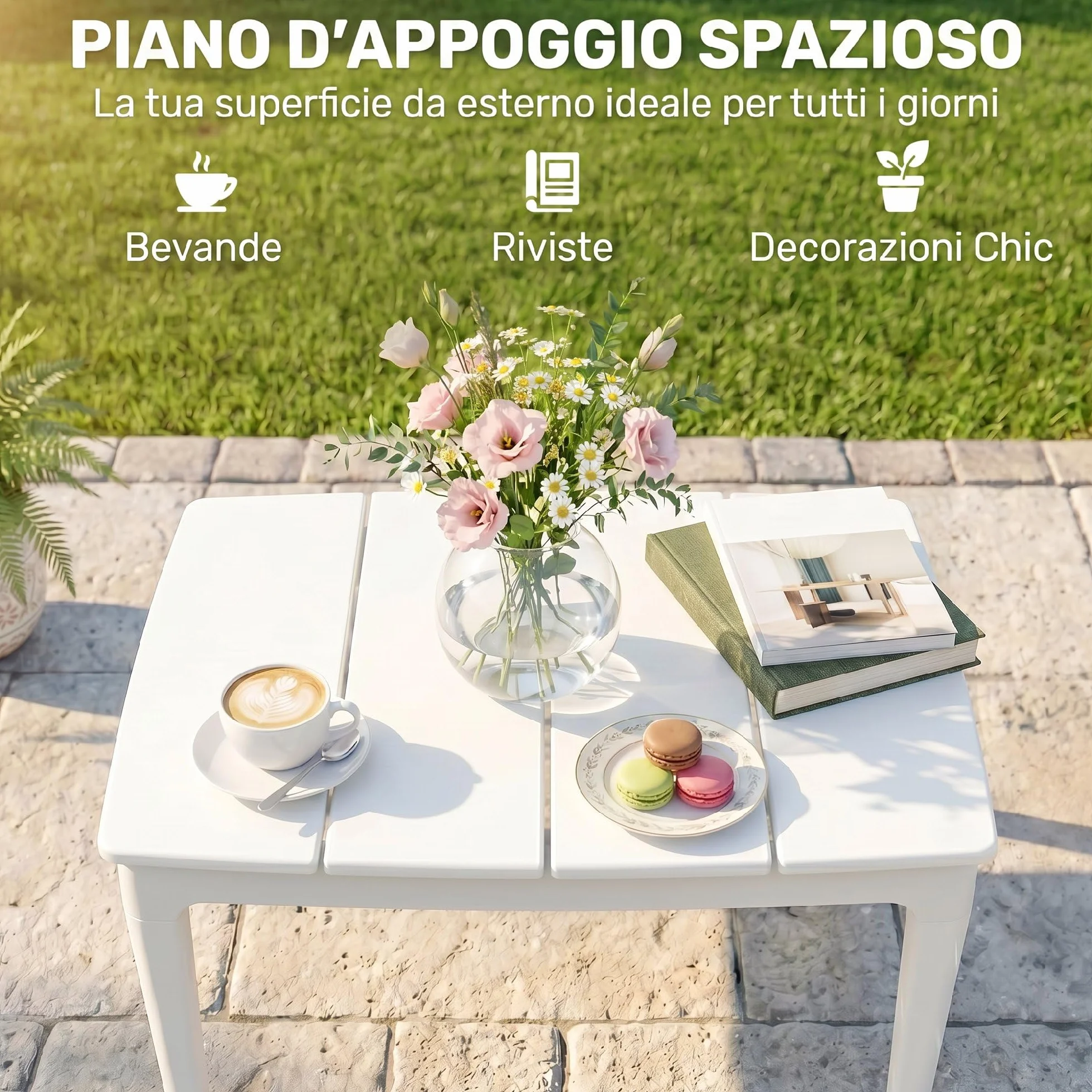 Outsunny Tavolo da Caffè da Esterno con Gambe Cilindriche, Tavolino da Giardino Rettangolare in Plastica PP, Stile Moderno, per Giardino, Balcone, Terrazzo, 53x70x39 cm, Crema