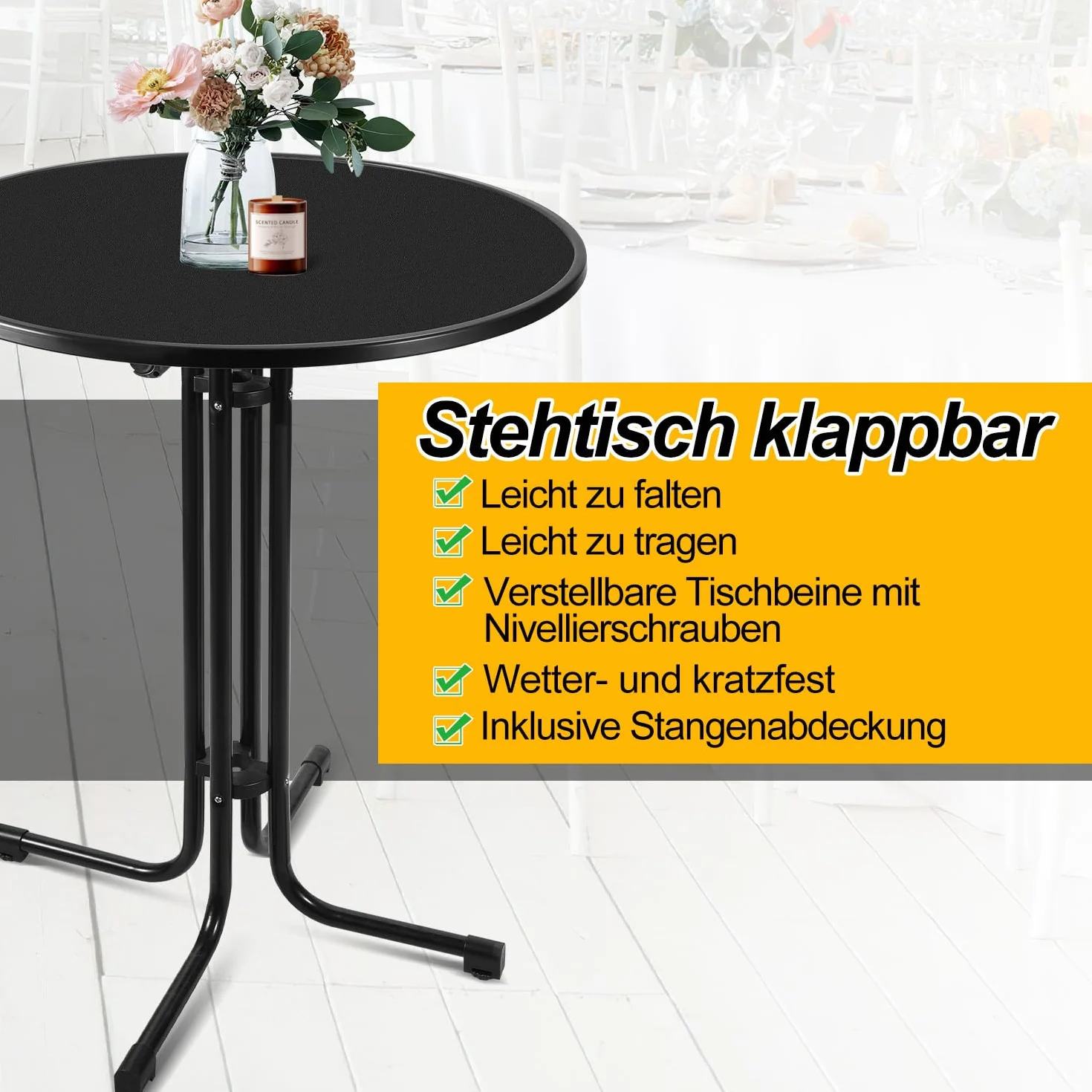 Sonnewelt Tavolo pieghevole Ø 80 cm con rivestimento – Tavolo rotondo per feste per interni ed esterni, altezza 110 cm, resistente alle intemperie, piedini regolabili in altezza, nero