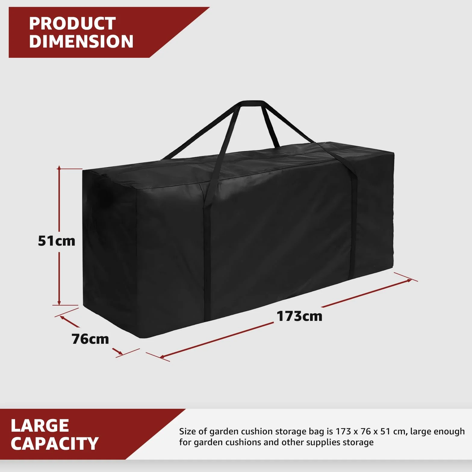 widesmile Borsa portaoggetti per cuscini da giardino extra large da 670 l, resistente, impermeabile, per mobili da esterno, 173 x 76 x 51 cm, con manico e cerniera