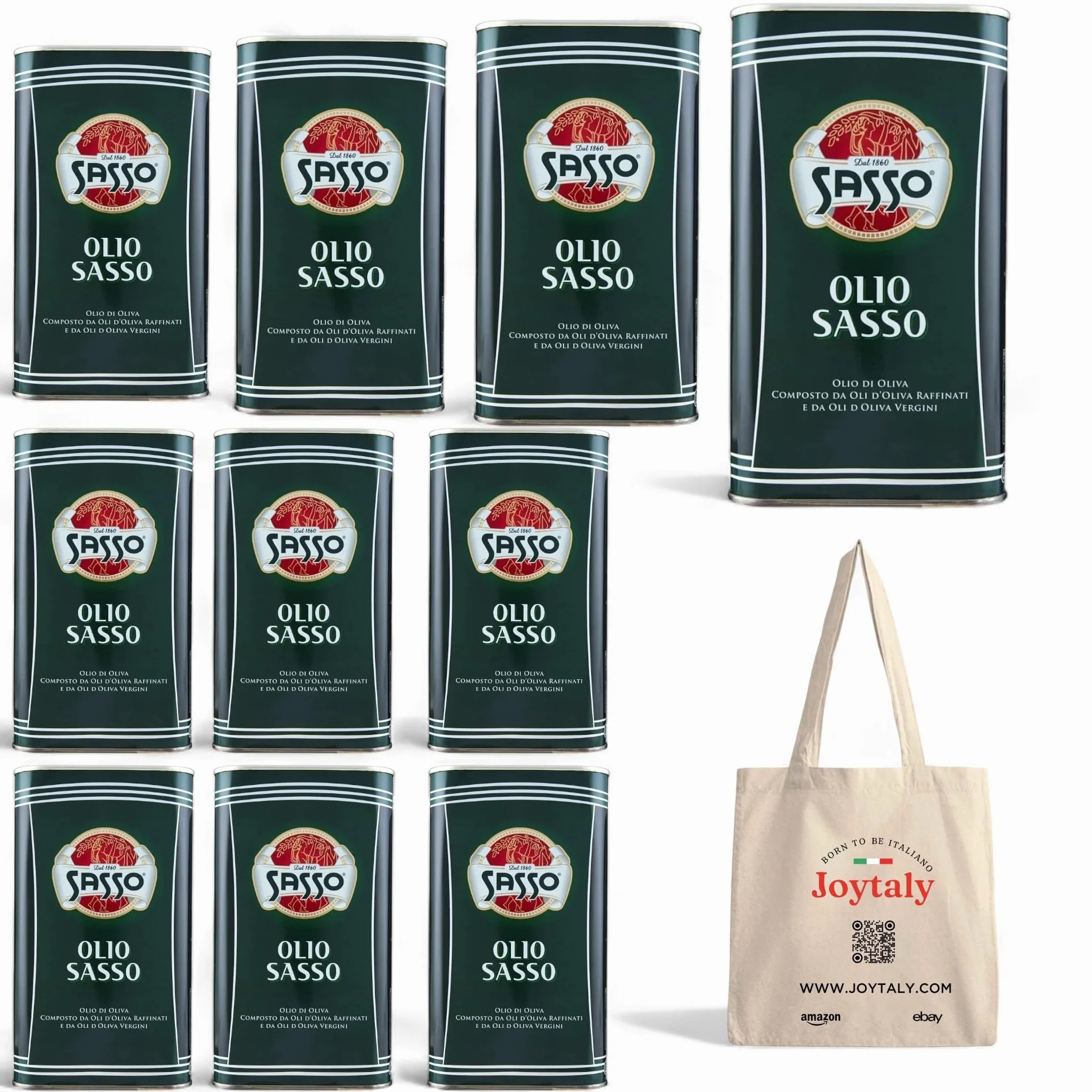 Sasso Olio di Oliva, Set 10 Lattine da 1L, Prodotto Italiano, con Borsa Shopper JOYTALY