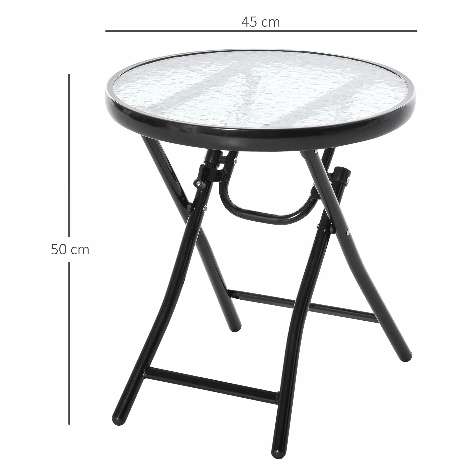 Outsunny Tavolo da Giardino Pieghevole in Metallo con Ripiano in Vetro e Blocco di Sicurezza, Φ45x50cm Nero
