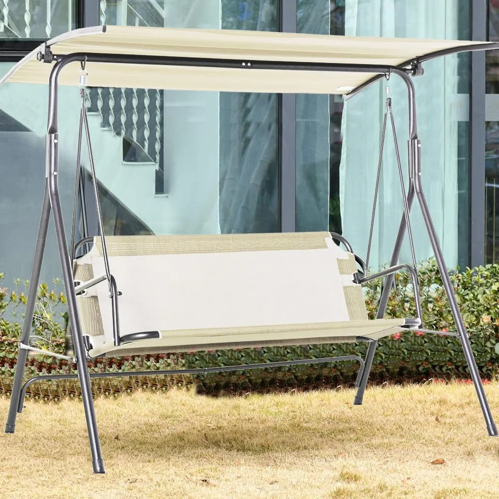 BAKAJI Dondolo Letto da Giardino 3 Posti con Tetto Parasole Regolabile, Struttura in Metallo e Seduta in Tessuto Traspirante con Imbottitura Ergonomica e Morbida, Ideale per Esterni, Patio (Beige)