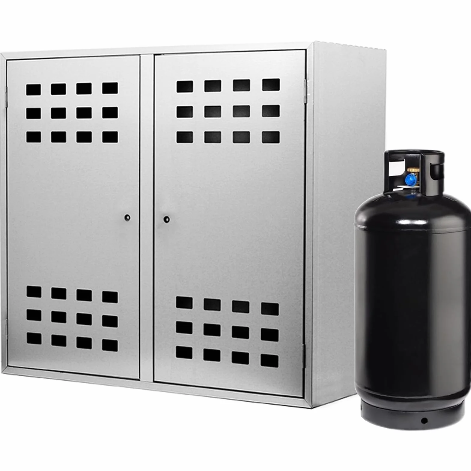 Armadietto 2 Bombole Gas da Esterno, Portabombola Due Ante In Acciaio Zincato RINFORZATO con Ventilazione, Chiusura Sicura Per Stoccaggio Bombole 10-25 kg, Resistente agli Agenti Atmosferici