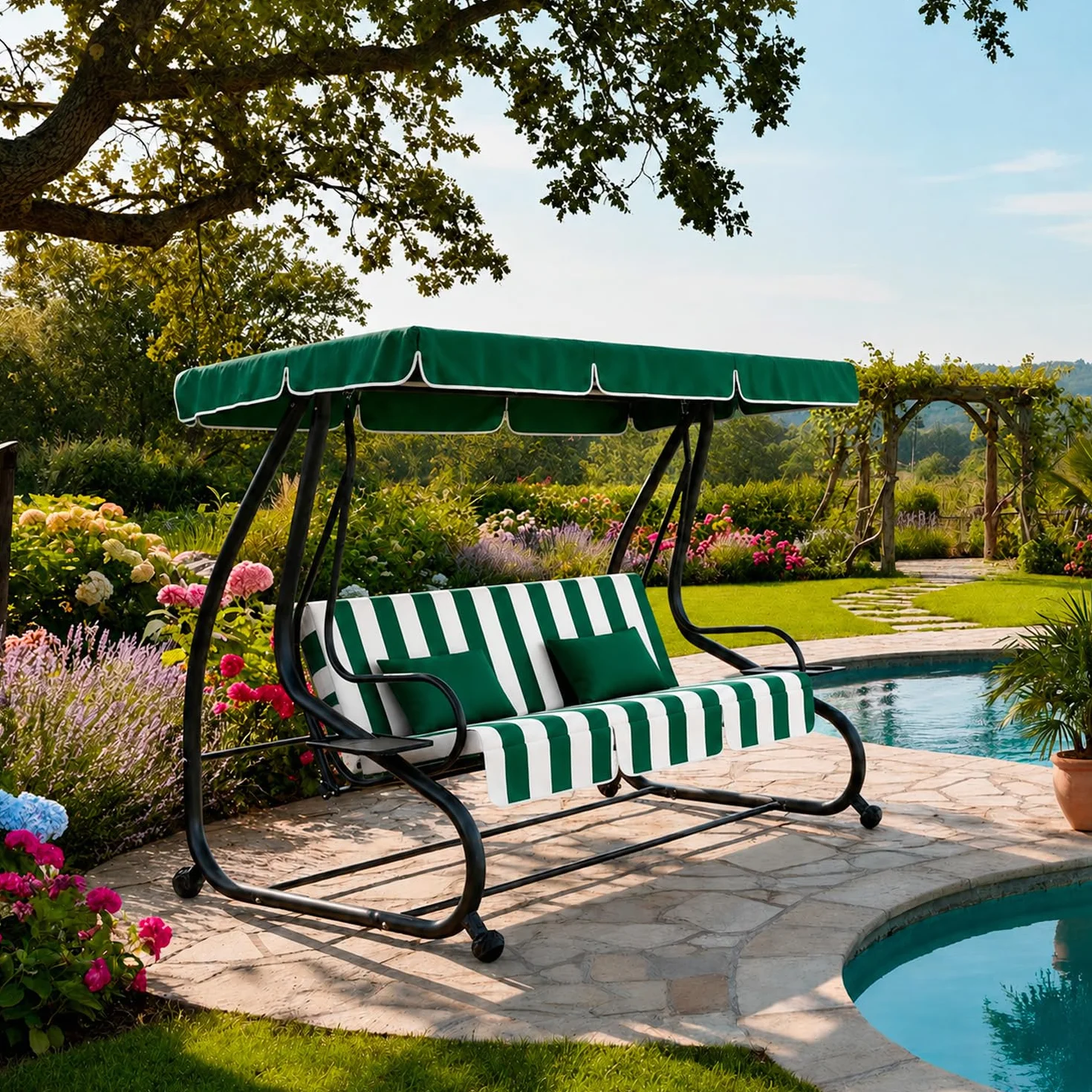 Dondolo 3 Posti Reclinabile Madeira Tettuccio Parasole Regolabile Cuscini Imbottiti Diventa Letto In Acciaio Verniciato Giardino Esterno Balcone Terrazzo 200 x 120 x 160 cm Verde E Bianco