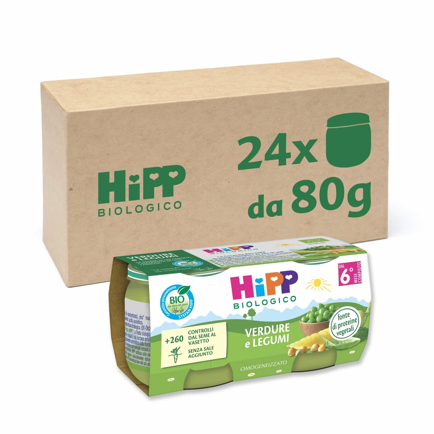 HiPP - Omogeneizzato Biologico per Neonati, Gusto Verdure e Legumi, Fonte di Proteine Vegetali, 24 Vasetti da 80 gr