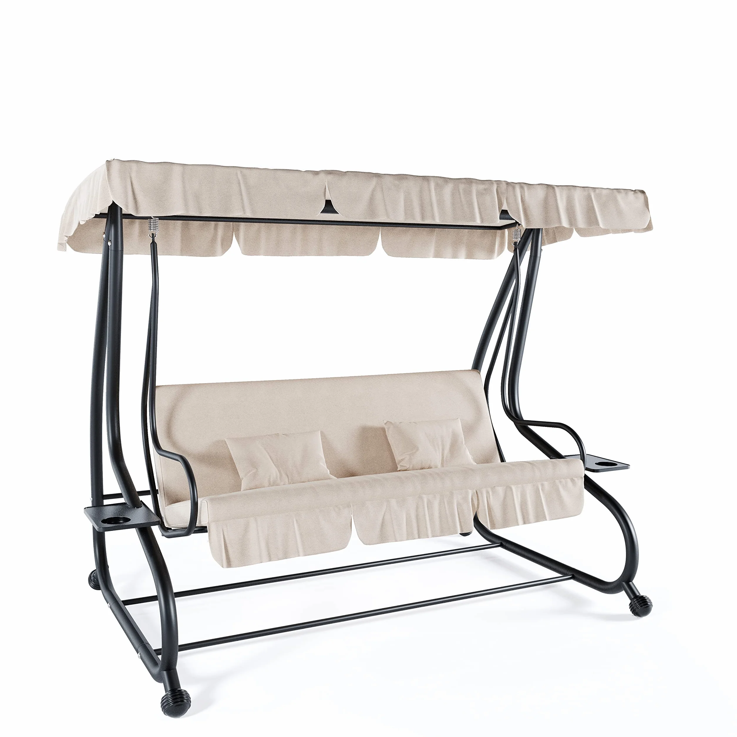 Dondolo 3 Posti Reclinabile Con Parasole Tettuccio Regolabile Cuscini Imbottiti Diventa Letto Struttura Robusta In Acciaio Verniciato Giardino Esterno Balcone Terrazzo 200 x 120 x 160 cm (Beige)