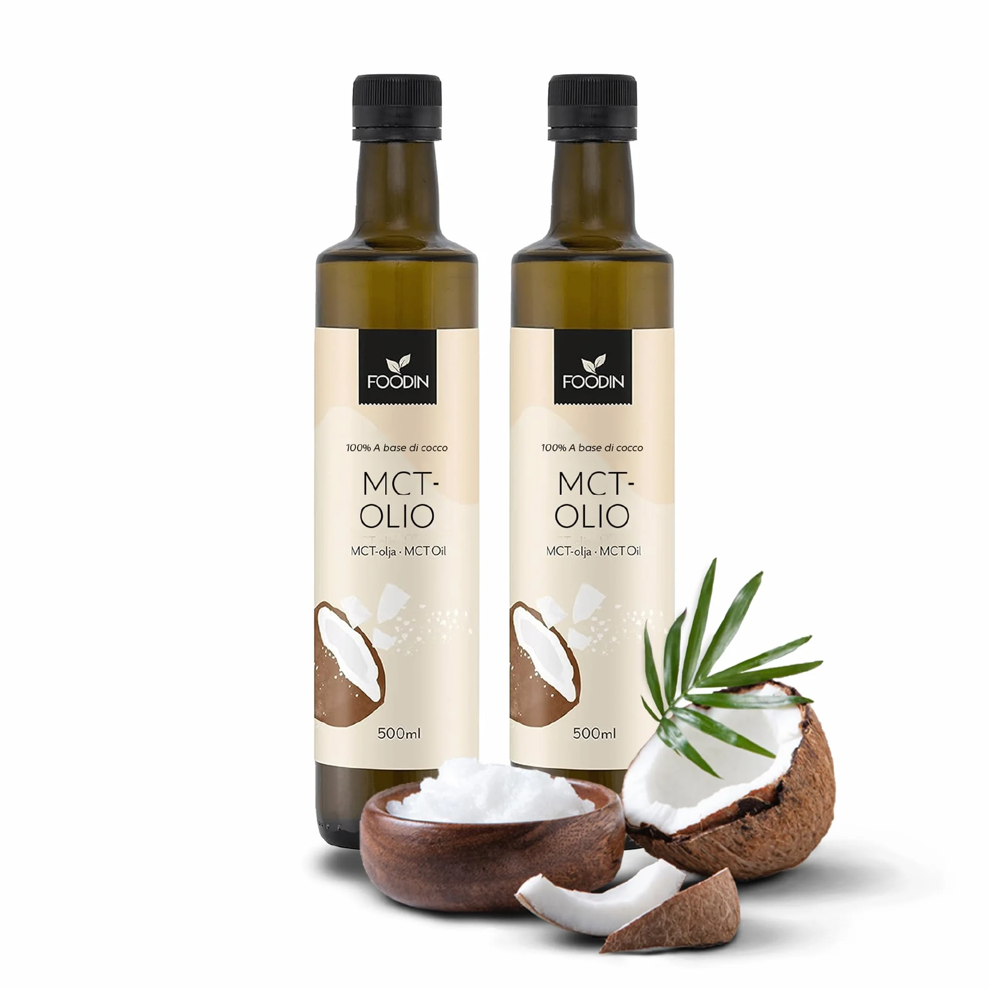 FOODIN Olio MCT 1000 ml (2 x 500 ml) in 100% olio di cocco, media chain trigliceridi (MCT), prodotto in cocco prodotto, 100% senza glutine e vegano, ideale per la dieta chetogenica