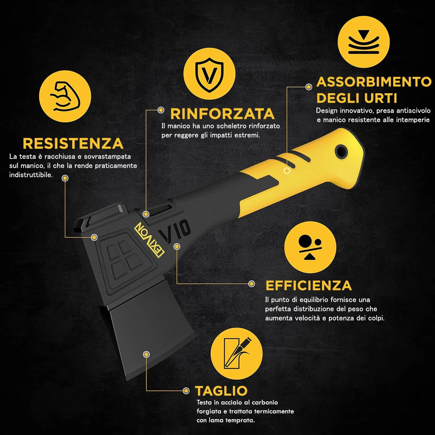 LEXIVON V10 Ascia Spaccalegna da campeggio 10" (25 cm) impugnatura ergonomica manico in vetroresina fodero protettivo incluso