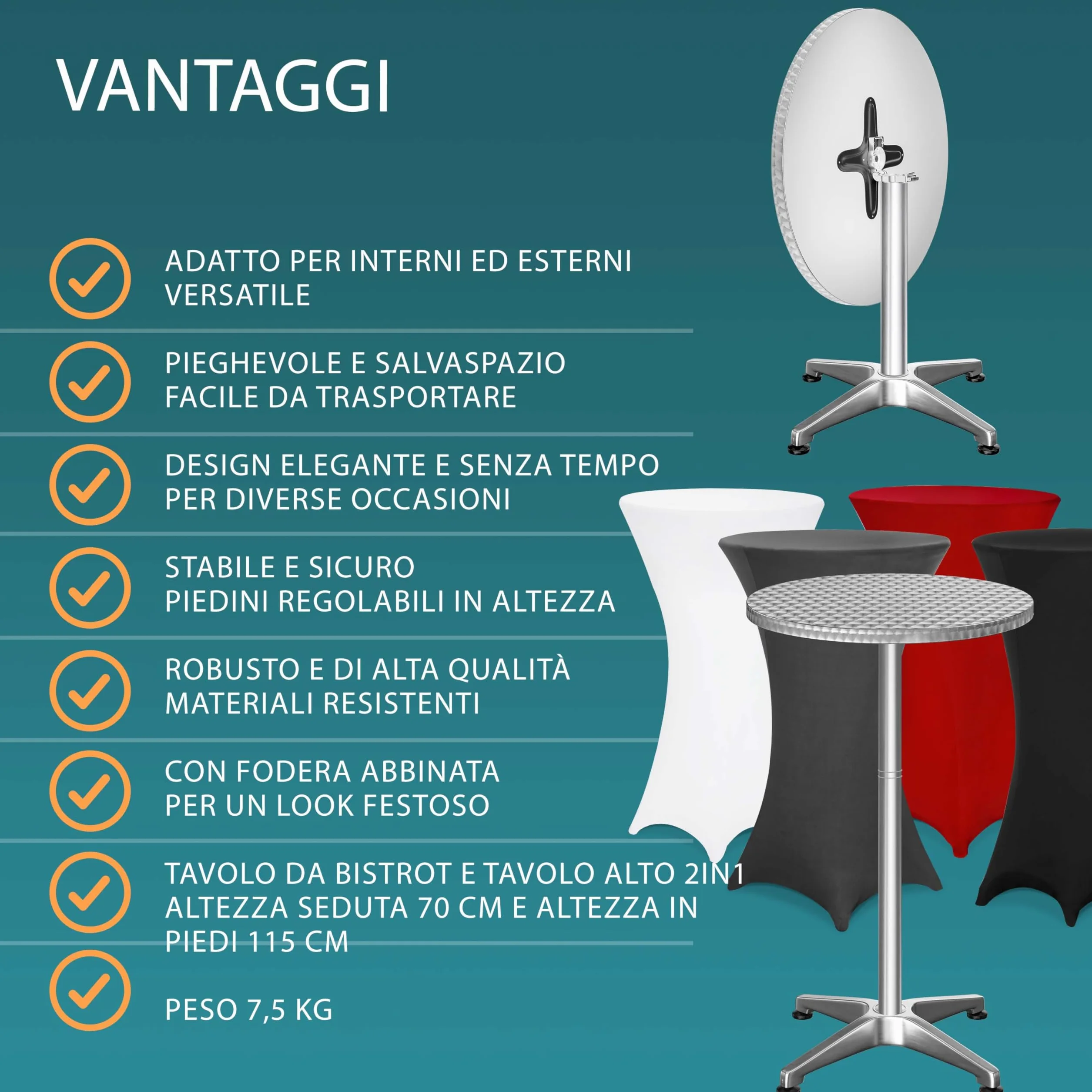 Casaria® Tavolo Alto da Bar 2in1 con Fodera Regolabile in Altezza 70 cm / 115 cm in Alluminio Rotondo Ø60 cm Pieghevole per Esterni Giardino Bistrot Feste Tavoli da Ricevimento