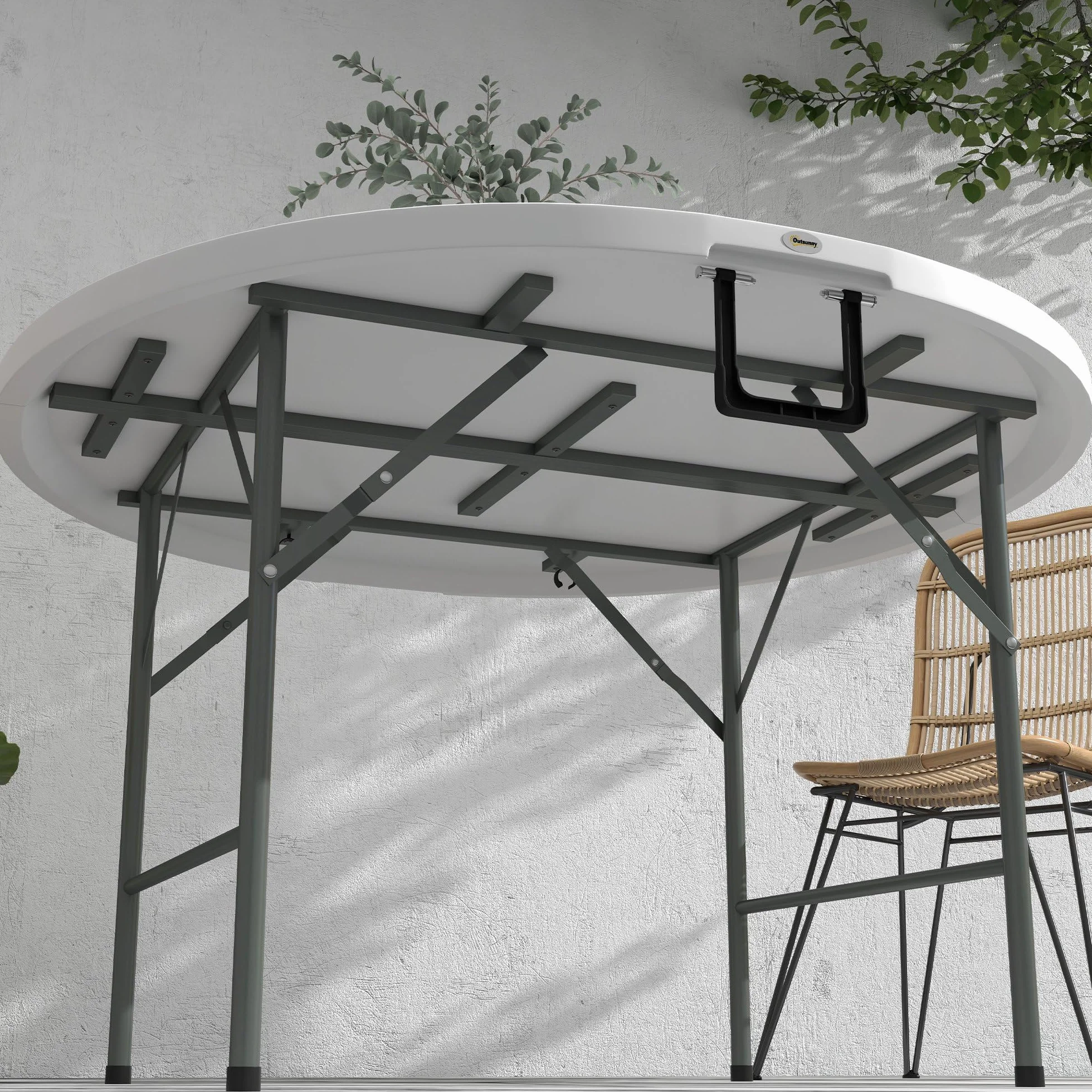 Outsunny Tavolo Pieghevole per Giardino, Balcone e Campeggio, Tavolo Rotondo in Acciaio e HDPE, Ø122x73 cm, Grigio e Bianco