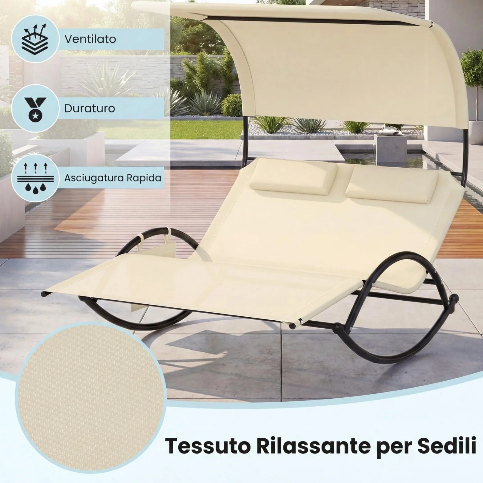COSTWAY Lettino Prendisole a 2 Posti, Lettino in Tessuto Textilene, con 2 Poggiatesta Staccabili, Sedia a Dondolo da Giardino con Struttura Metallica, Lettino con Tettuccio Portata 300 kg (Beige)