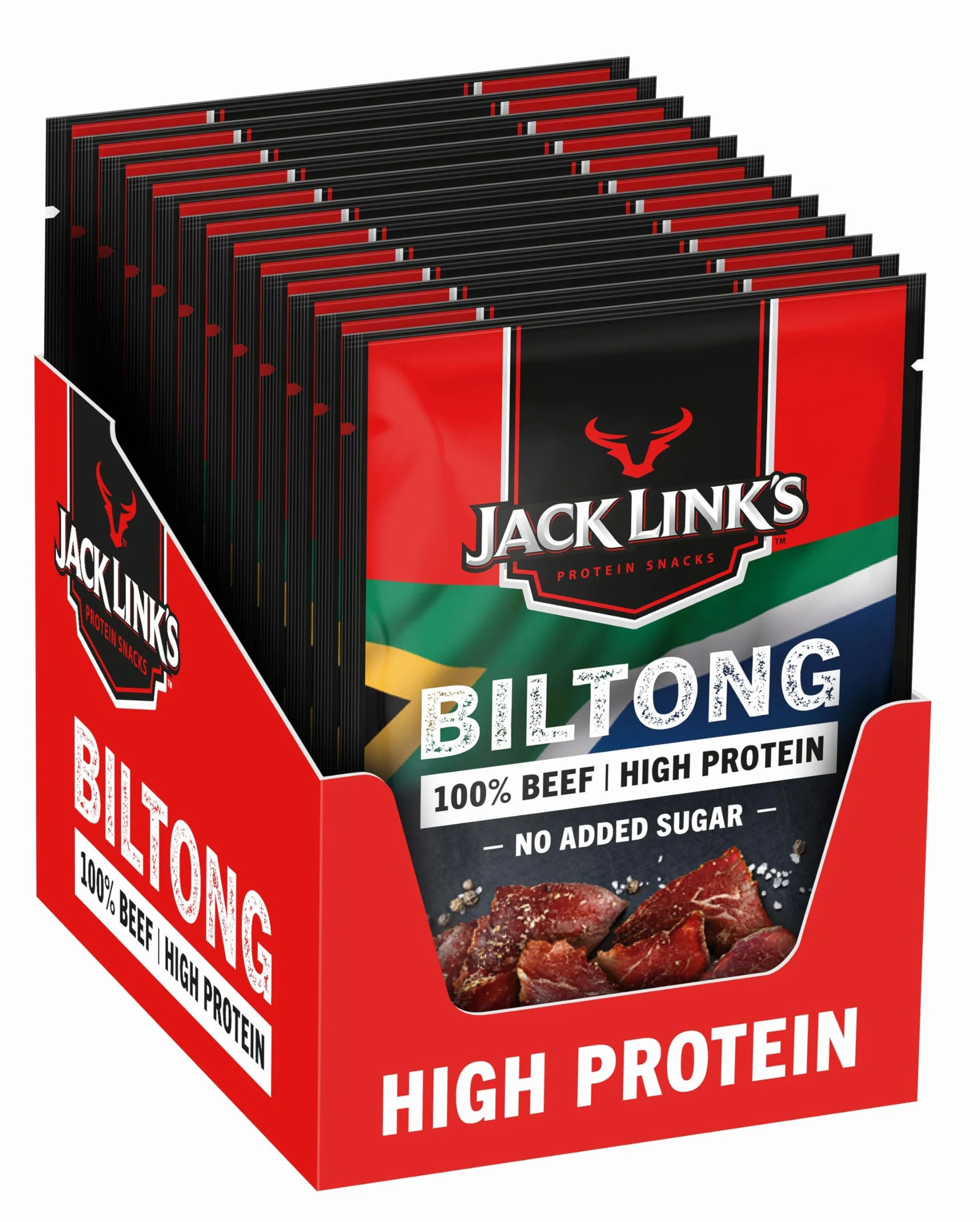 Jack Link’s Biltong Jerky Original - Confezione da 12 (12 x 40 g) - Snack di carne senza glutine - Carne essiccata ricca di proteine per fitness - Snack proteico a basso contenuto calorico