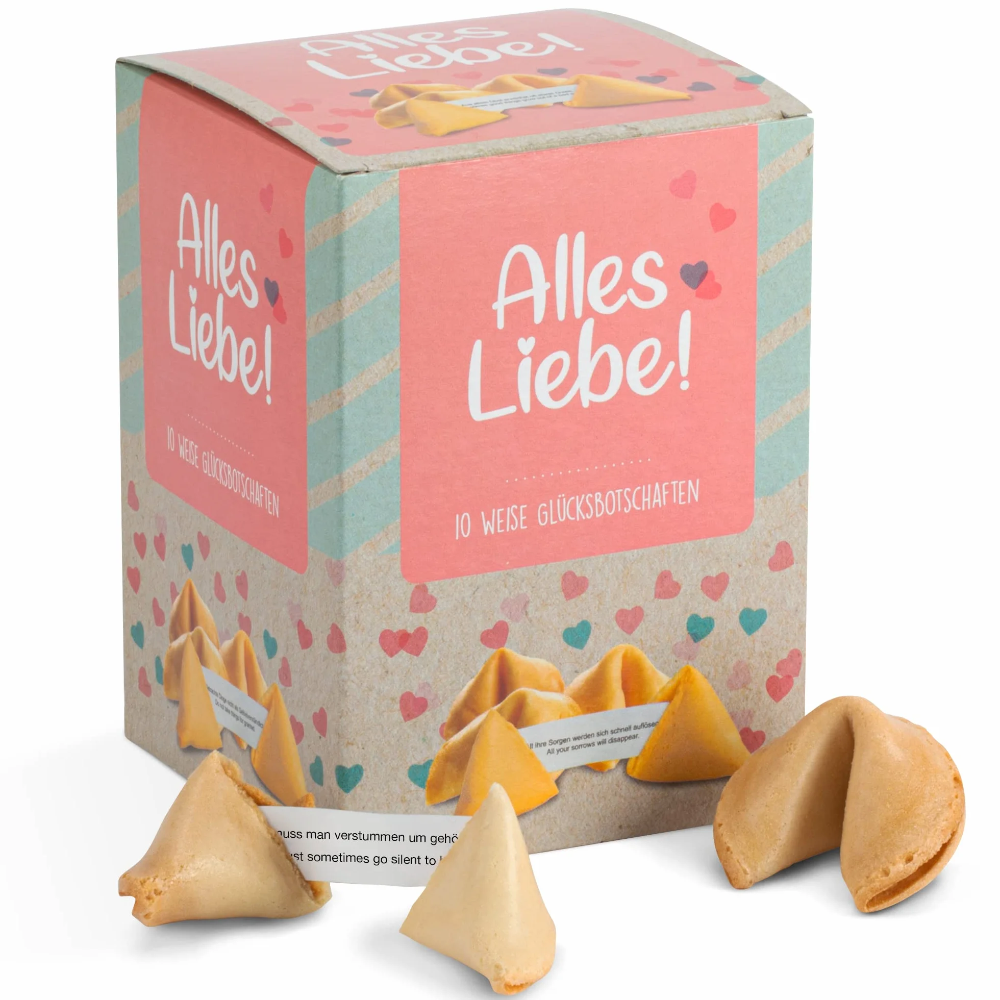 Ni Hao - Biscotti portafortuna "Alles Liebe" in una bella scatola da 10 pezzi, con biscotti confezionati singolarmente e diverse scritte, Made in Germany (lingua italiana non garantita)