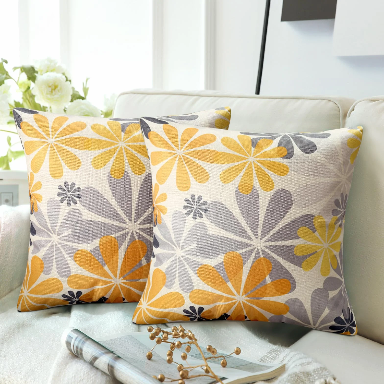 Federe Cuscini Divano 40x40 Giallo Copricuscini Fiori Rurali Decorativi Federe Cuscini Moderna Set di 2 Lino Copricuscino Per Decor Cuscini Del Soggiorno Camera da Letto Giardino Divano Sedia