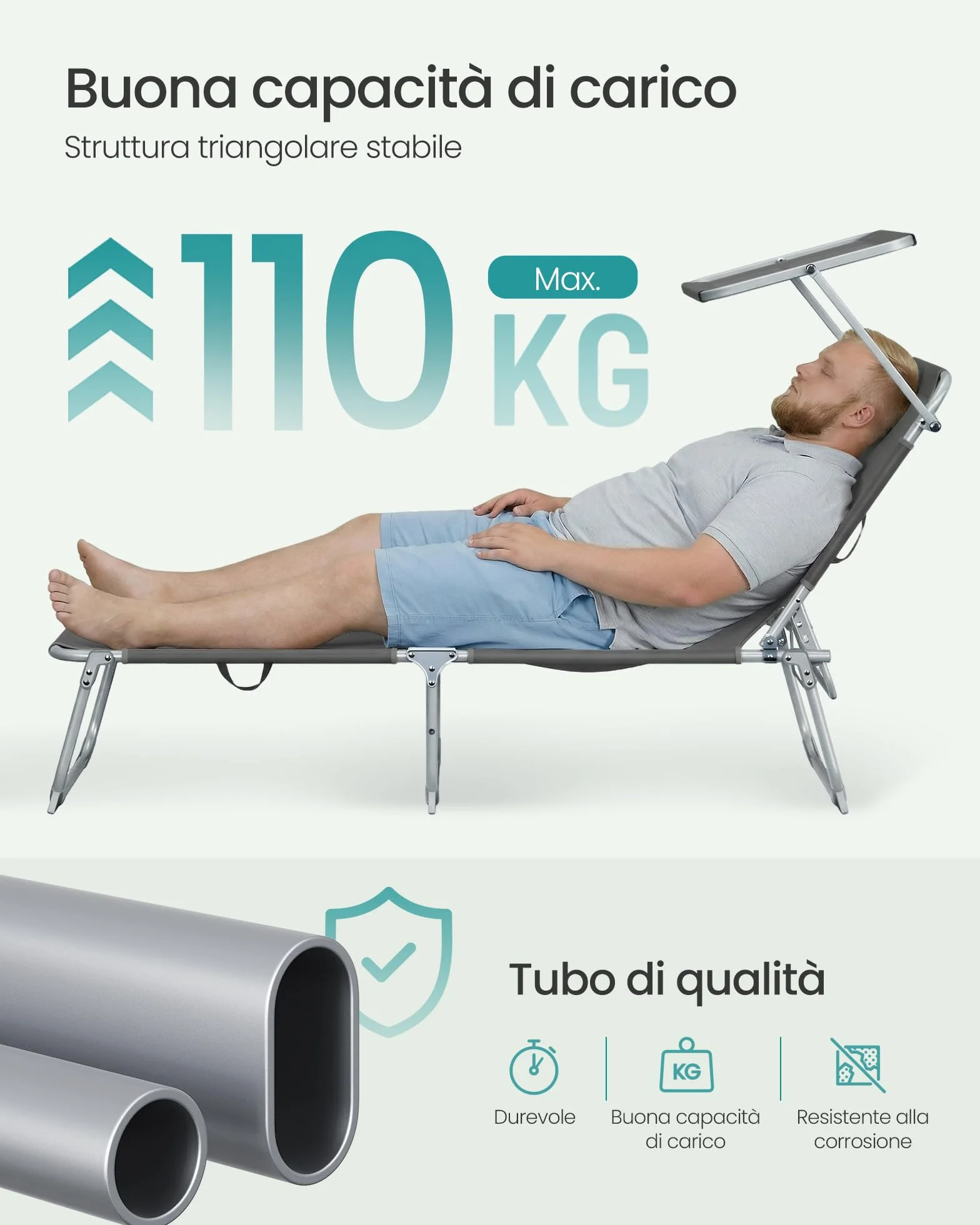 SONGMICS Sedie a Sdraio Pieghevoli, 189 x 53 x 28,5 cm, Lettini Prendisole, Portata 110 kg Ciascuno, Parasole e Schienale Regolabili, per Terrazza e Balcone, Set da 2, Grigio GCB294GZ02