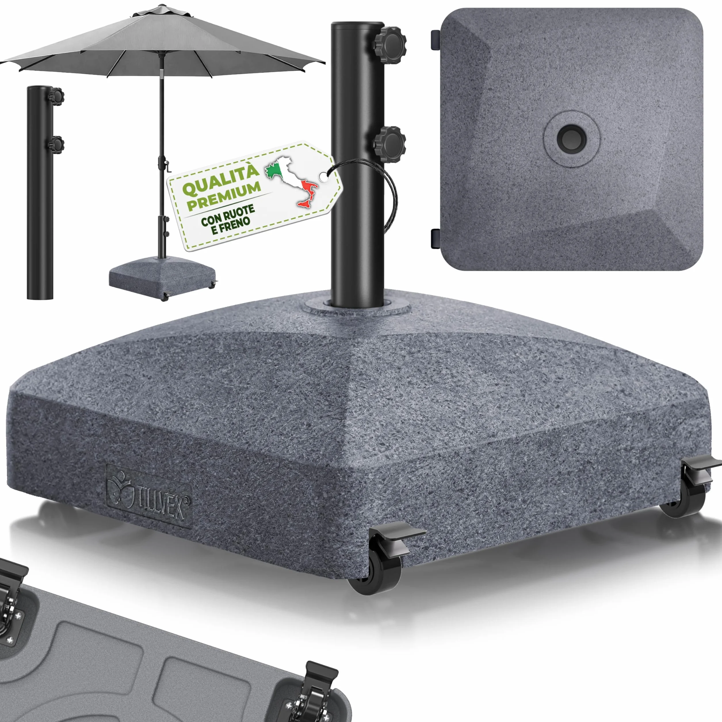 tillvex® Base per ombrellone GRAVIA e Ruote e Freni | Zavorra ombrellone riempibile 37L/56kg | Piedistallo per ombrelloni Giardino e Mercato Ø1,8-3,7m | Resistente a intemperie e UV (Effetto Granito)