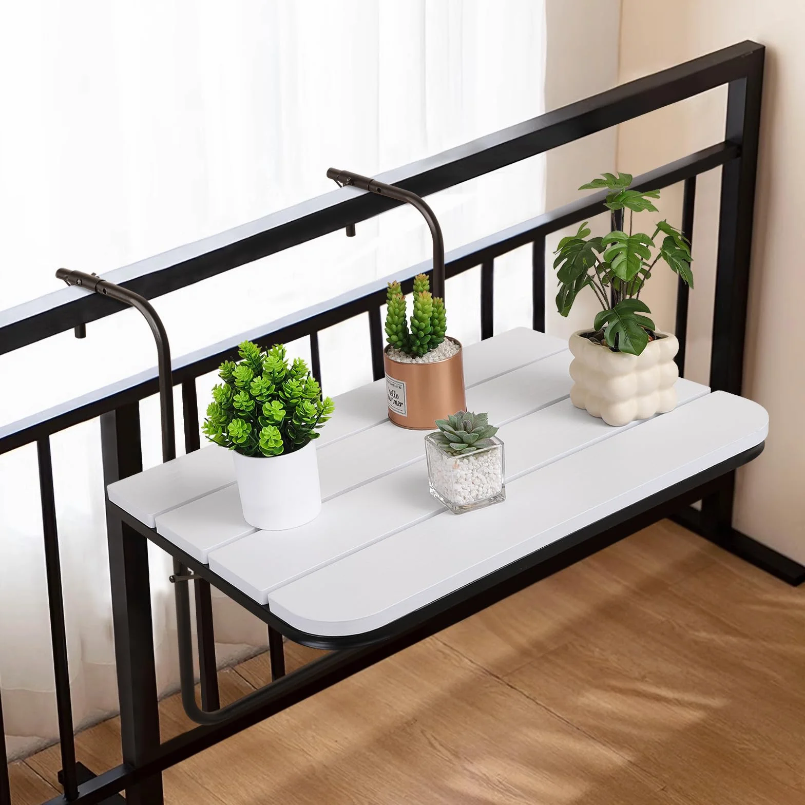 Tavolo da pranzo da balcone per esterni, pieghevole, per ringhiere, in legno bianco, con telaio in metallo, regolabile, per ringhiere, compatibile con molte ringhiere