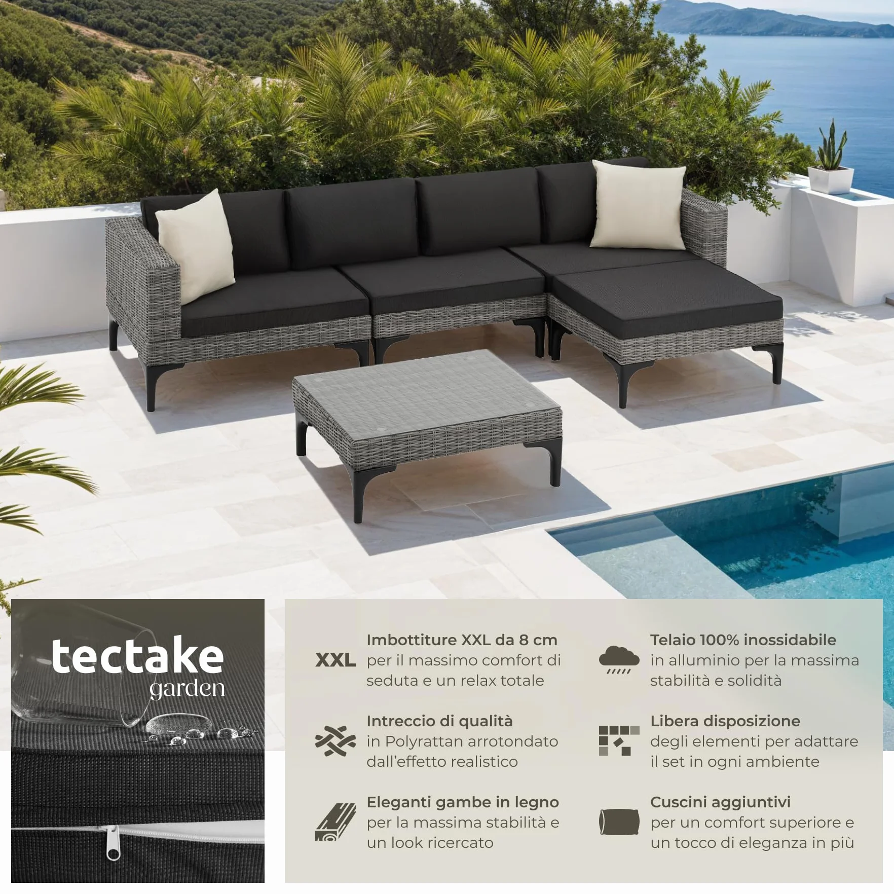 tectake® Salottino in Rattan Konstanza, Telaio in Alluminio, Resistente ai Raggi UV, Comode Poltrone, Imbottitura Spessa, Rivestimenti Idrorepellenti, Tavolino Salotto con Lastra in Vetro - Grigio