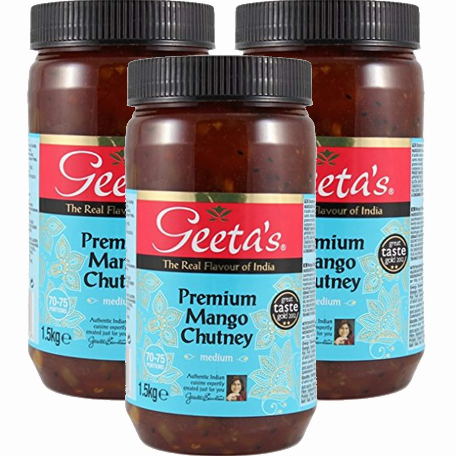 Geeta's Chutney di mango Premium Medium 1,5 kg (confezione da 3) | Il vero sapore dell'India | Realizzato con mango indiano e pieno di spezie aromatiche | Senza glutine e senza aromi o colori