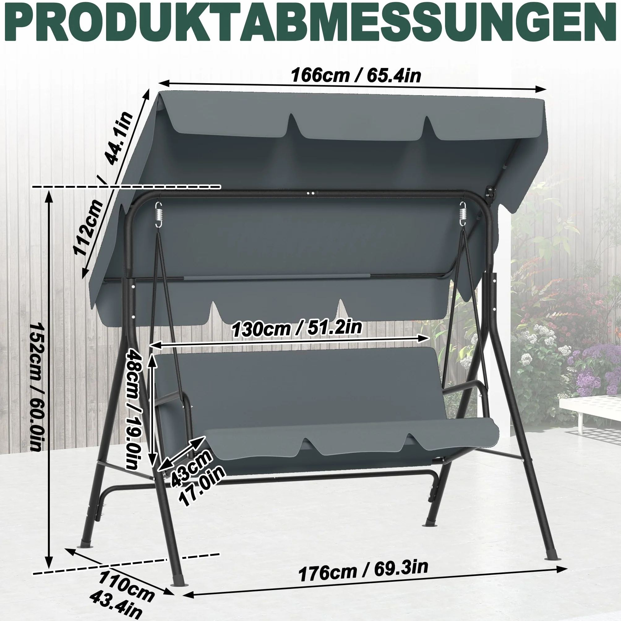 UISEBRT Dondolo Hollywood a 3 posti, con tettuccio parasole regolabile, portata fino a 200 kg, resistente alle intemperie, per esterni e interni, 176 x 110 x 152 cm, antracite